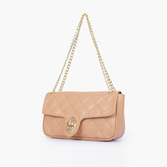 Beige quilted small shoulder bag with chain