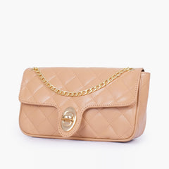 Beige quilted small shoulder bag with chain