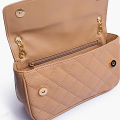 Beige quilted small shoulder bag with chain