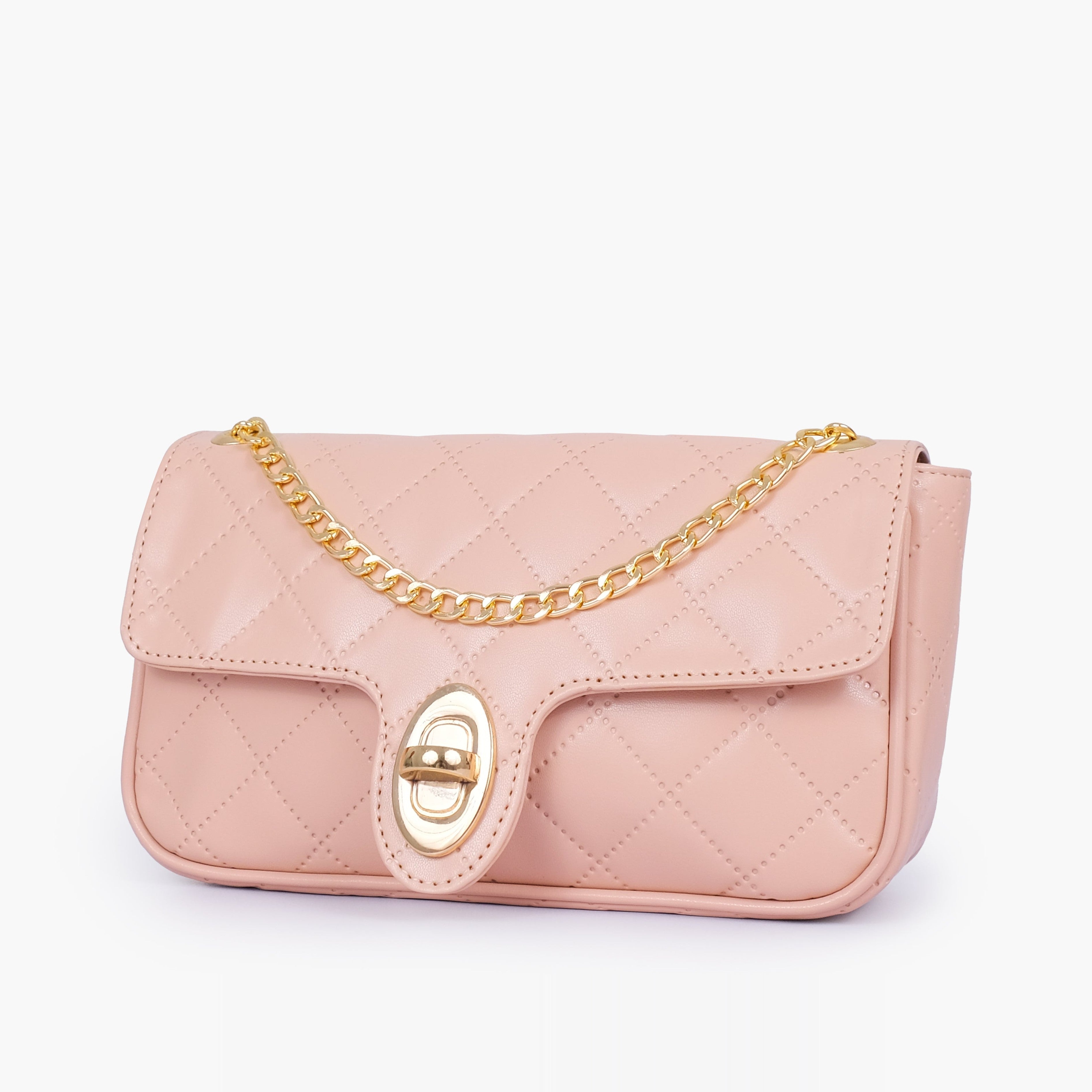 Baby pink quilted small shoulder bag with chain