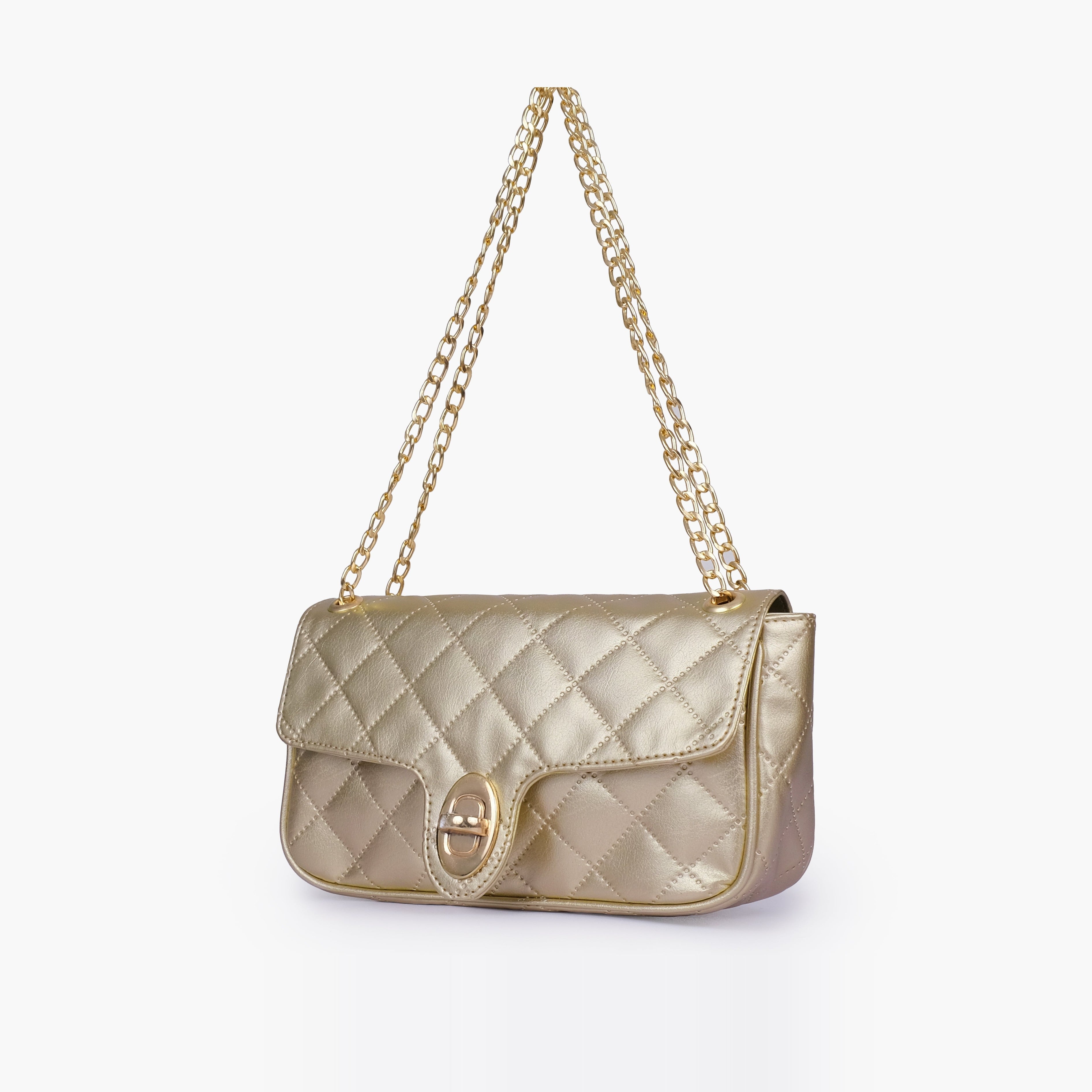 Golden quilted small shoulder bag with chain