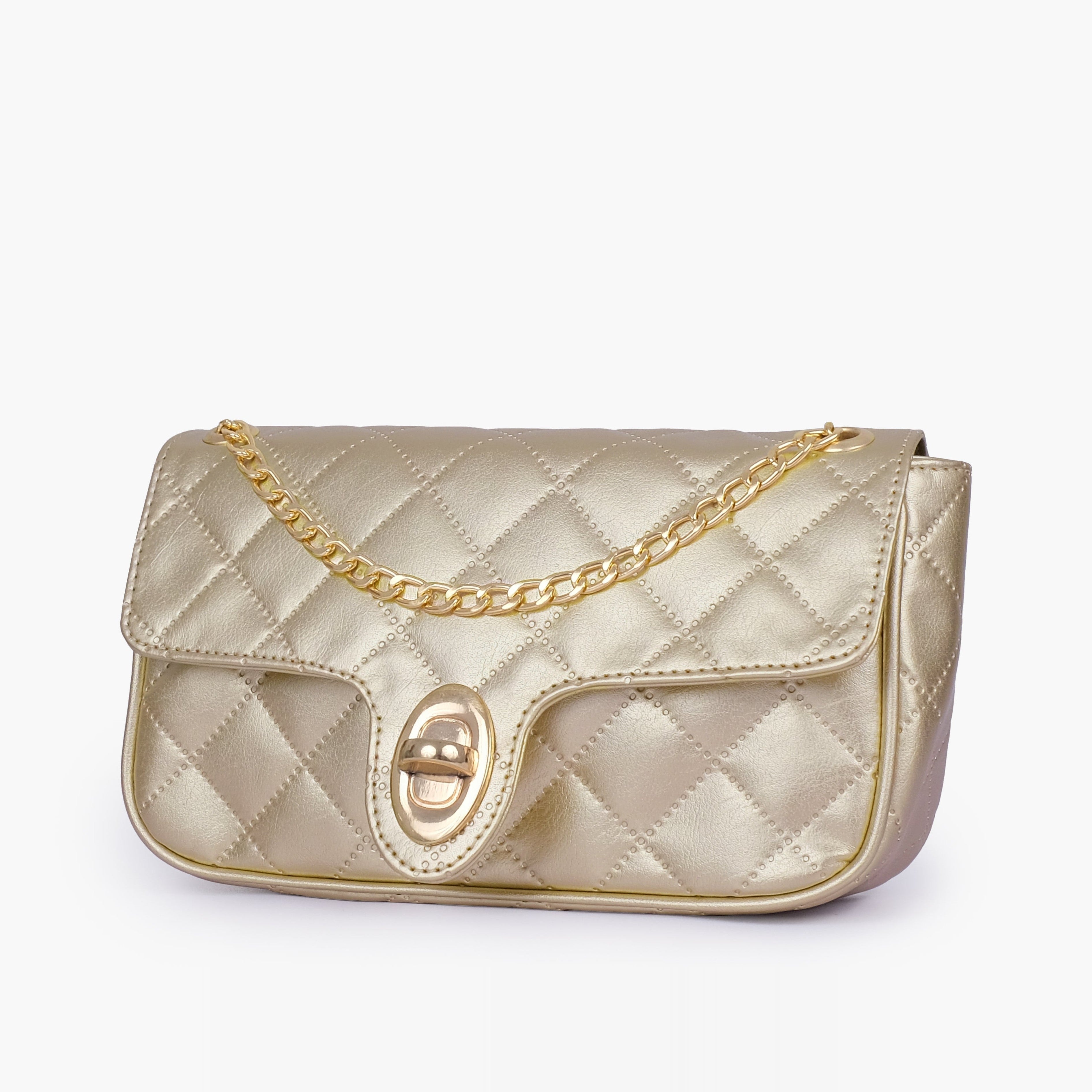 Golden quilted small shoulder bag with chain