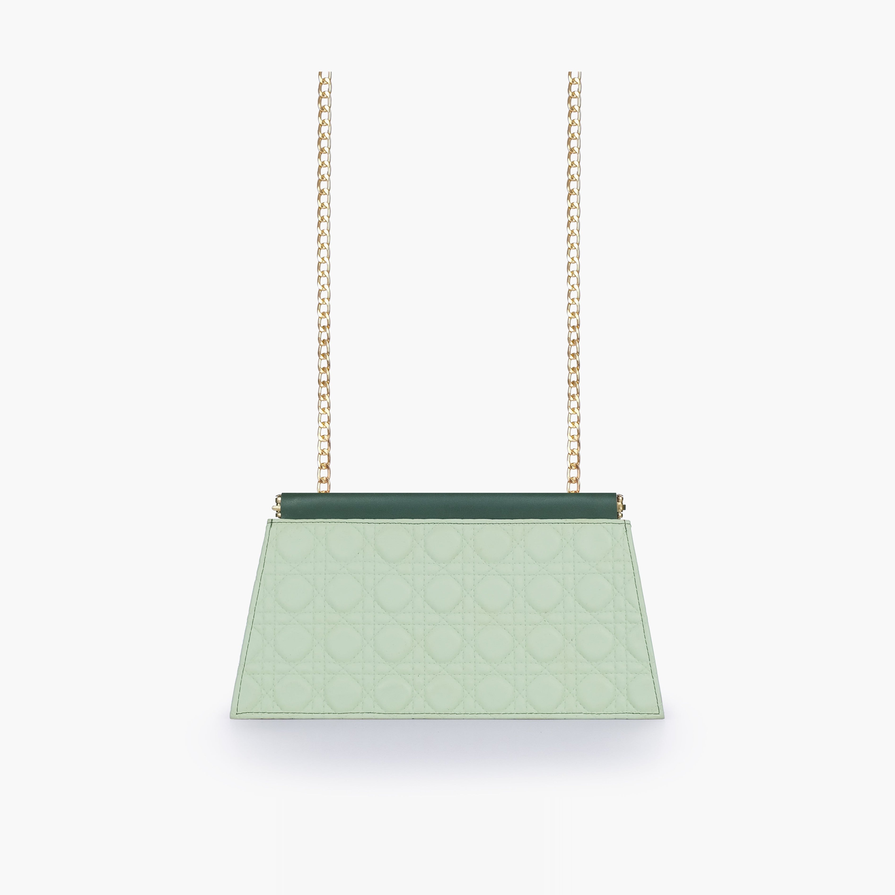 Army green quilted evening clutch with snap closure