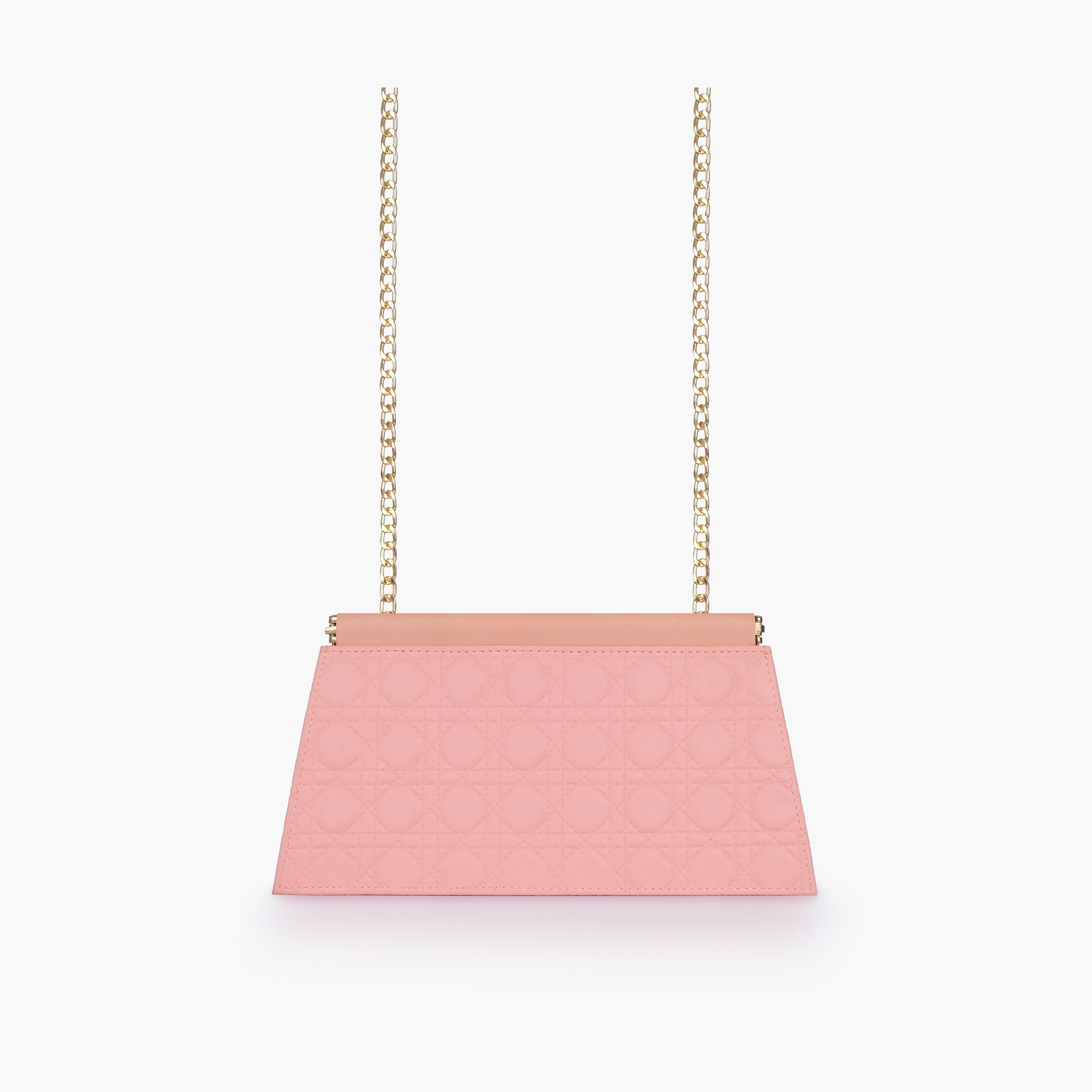 Peach quilted evening clutch with snap closure