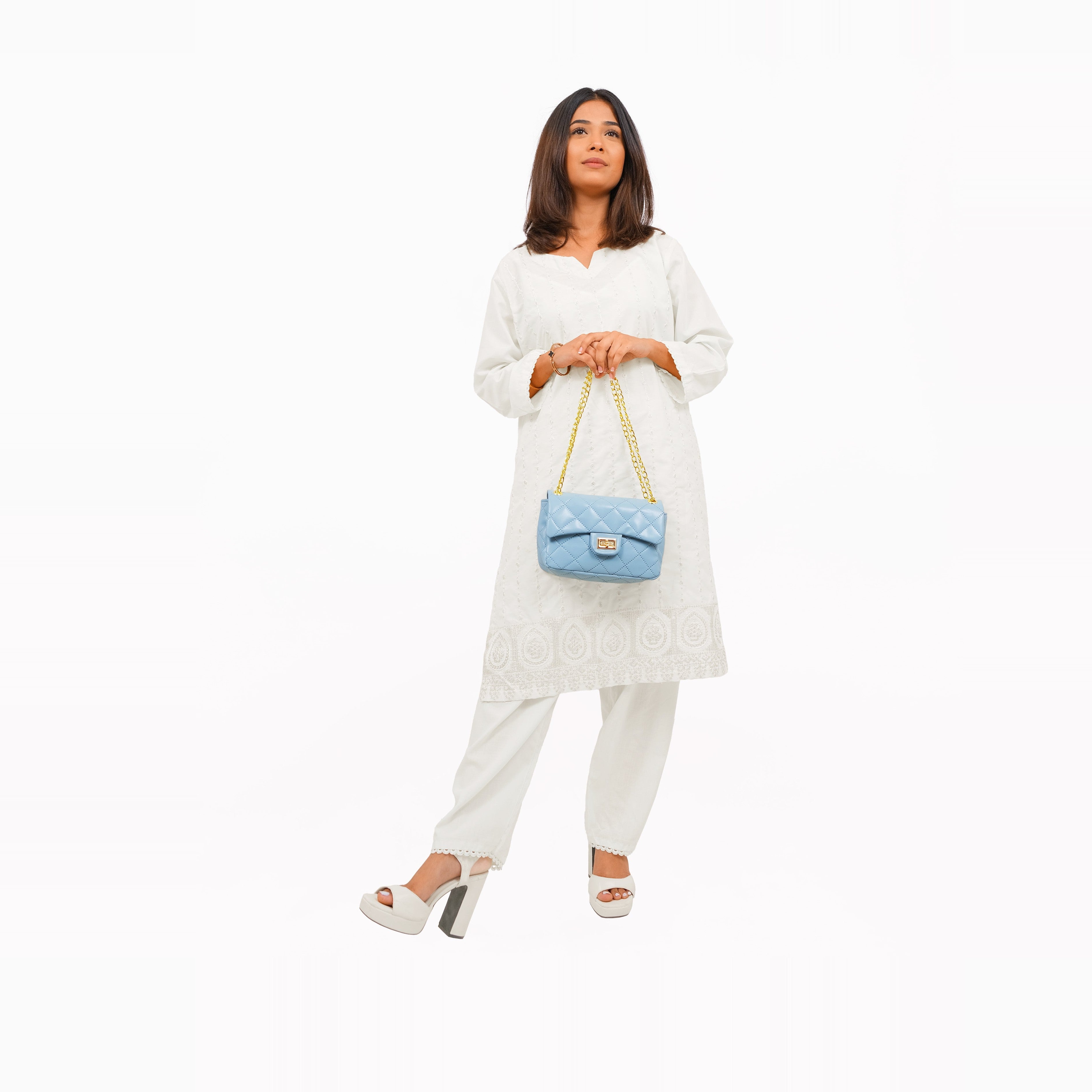 Sky Blue quilted mini bag with chain