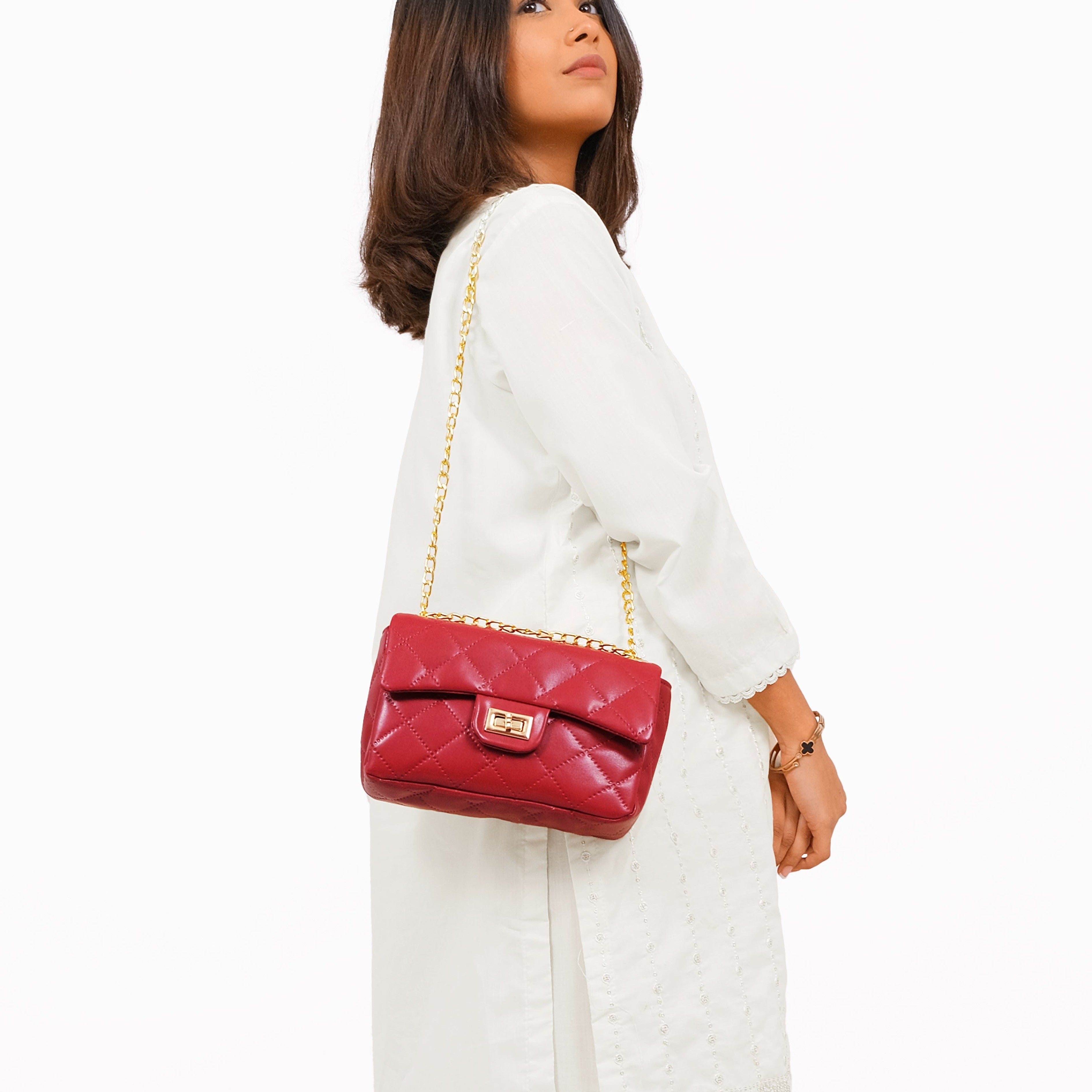 Maroon quilted mini bag with chain
