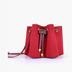 Burgundy suede star drawstring bucket bag