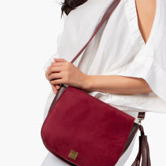 Burgundy suede foldover saddle bag