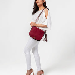 Burgundy suede foldover saddle bag