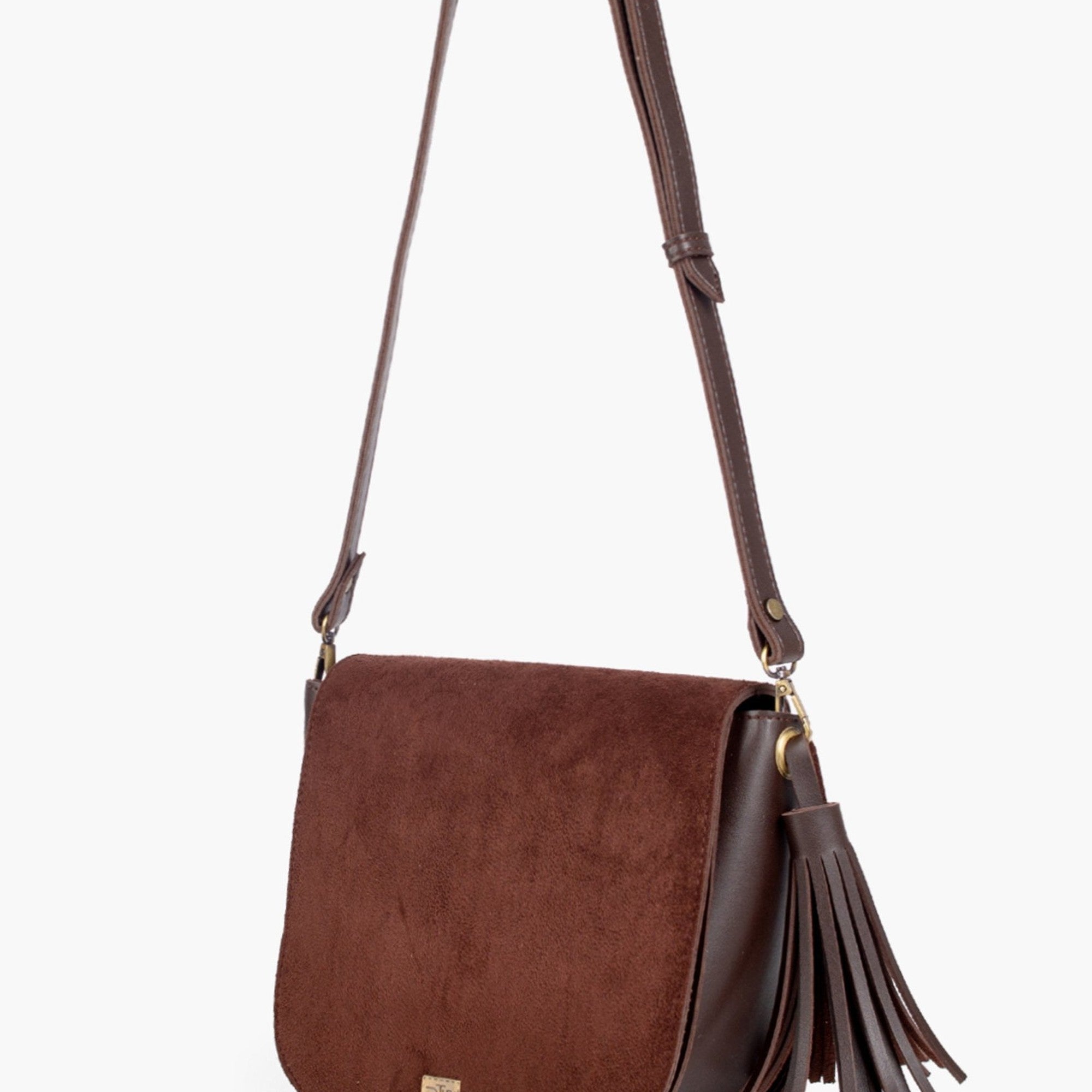 Dark brown suede foldover saddle bag