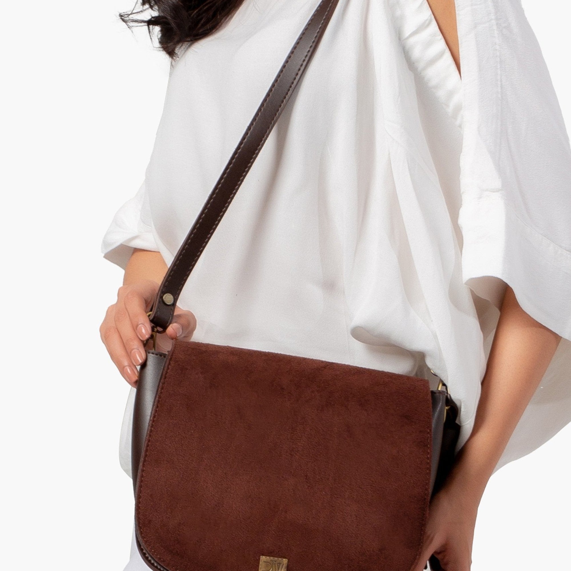 Dark brown suede foldover saddle bag