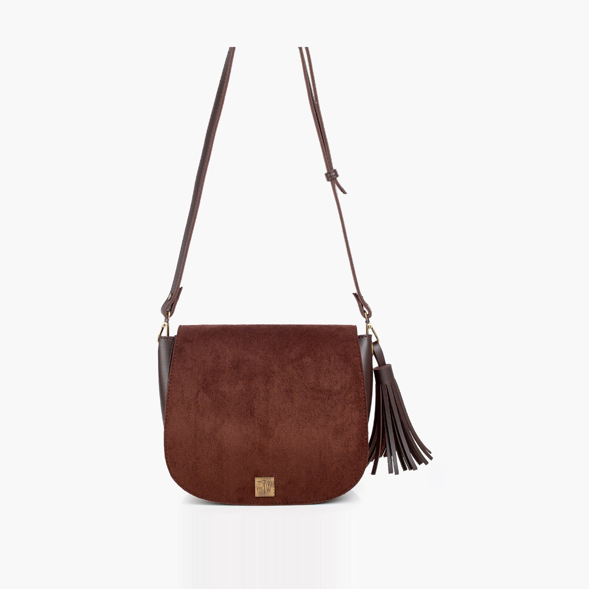 Dark brown suede foldover saddle bag