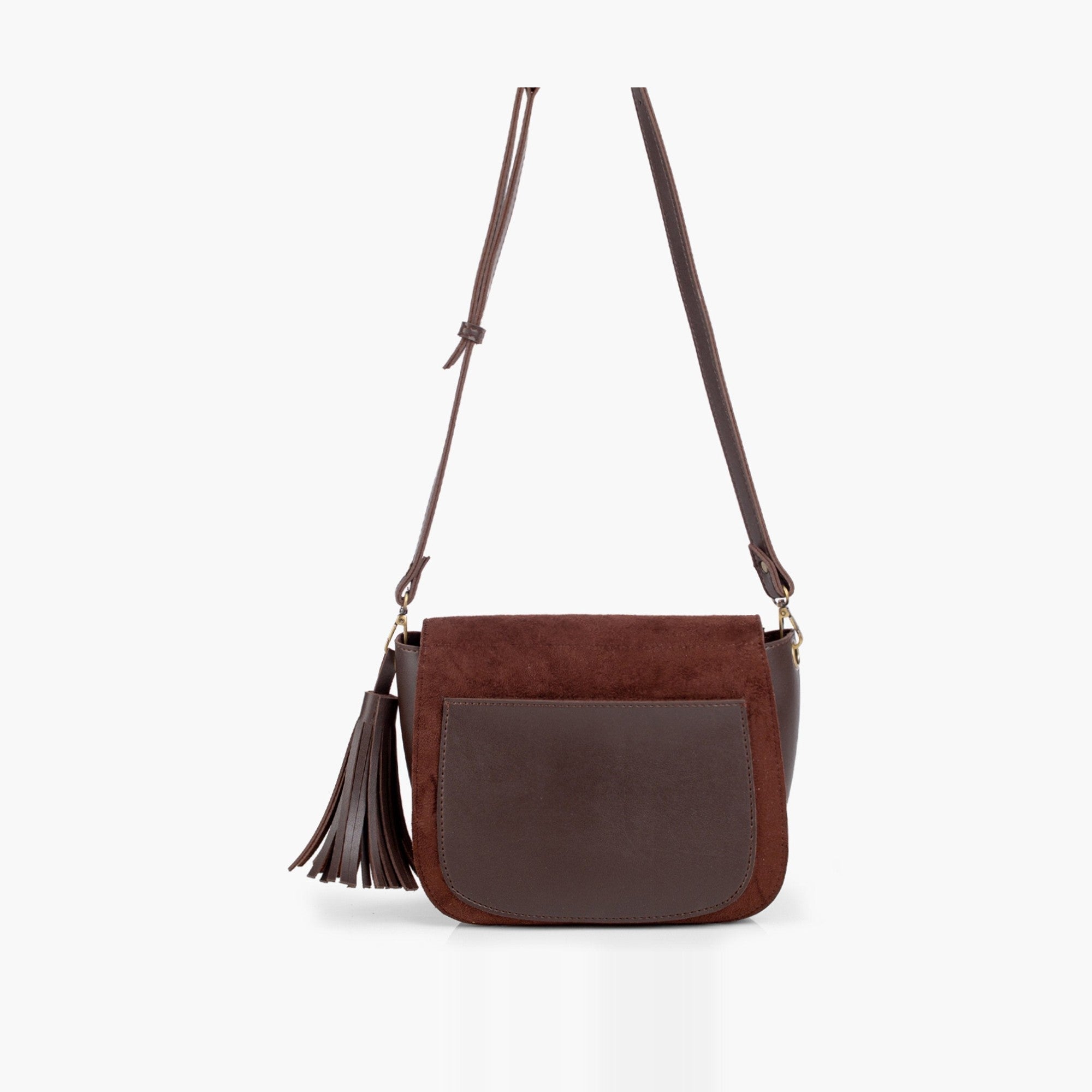 Dark brown suede foldover saddle bag
