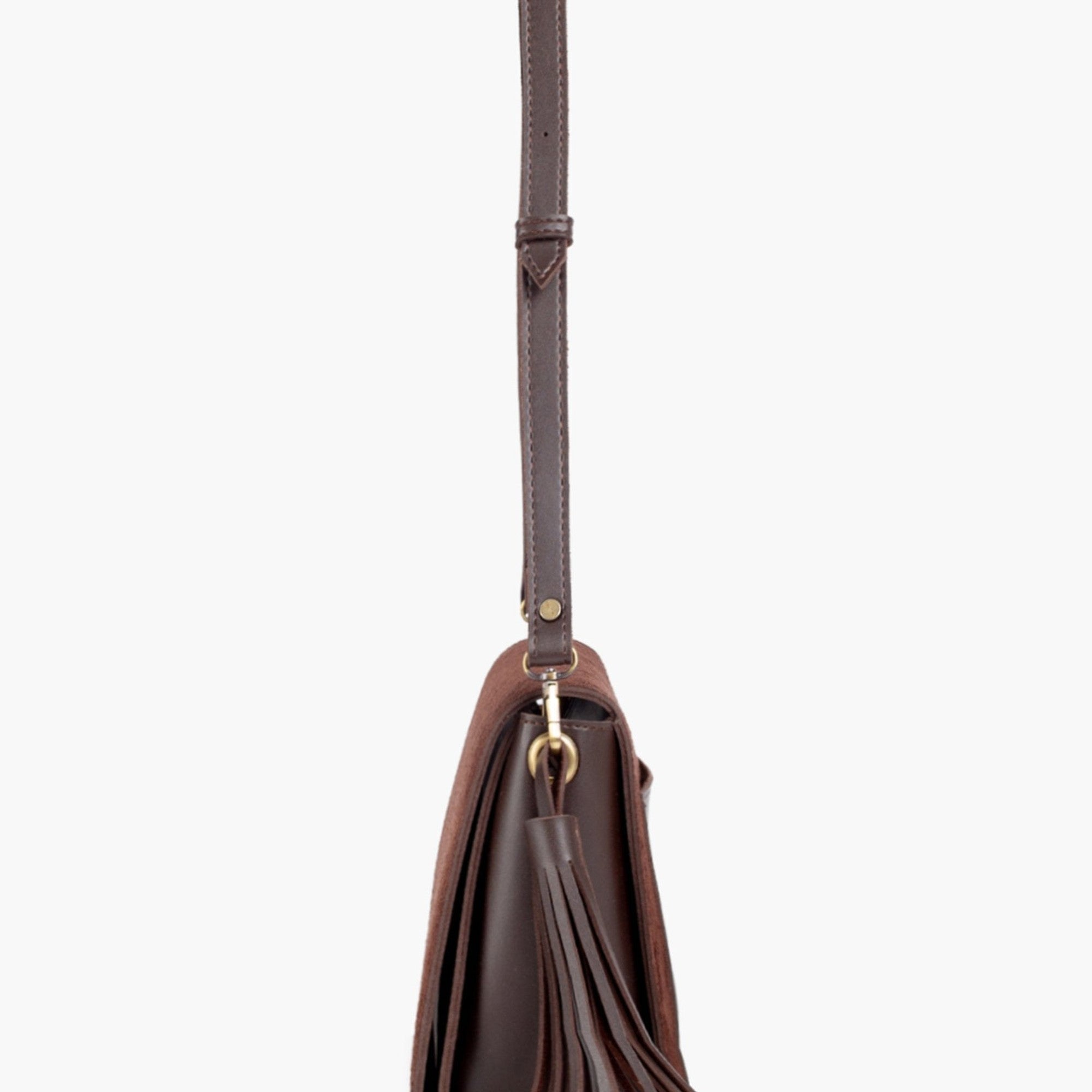 Dark brown suede foldover saddle bag