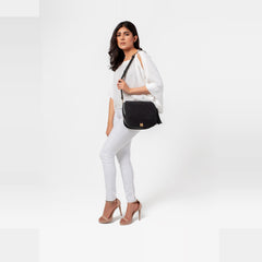 Black suede foldover saddle bag
