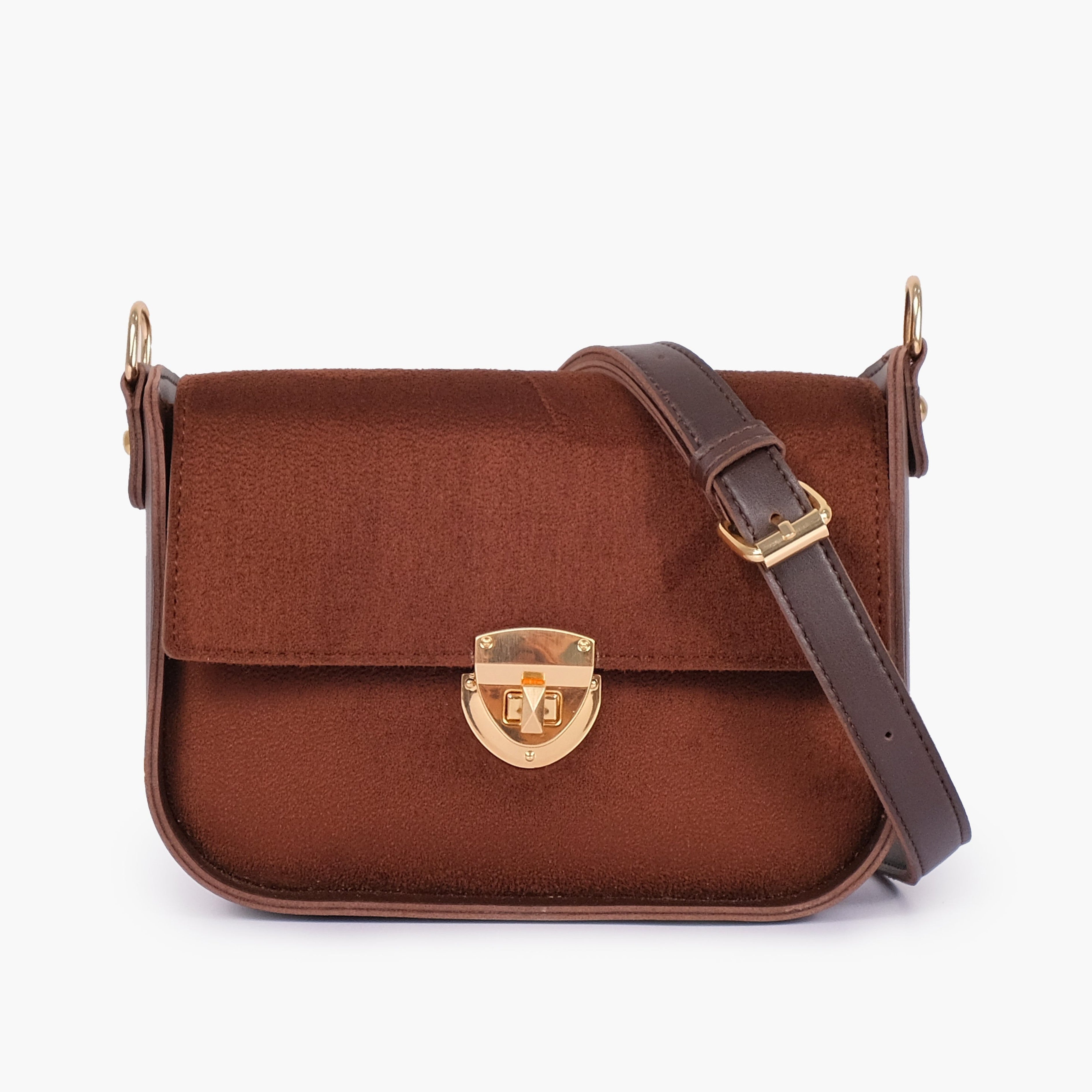 Dark brown suede saddle bag with twist lock