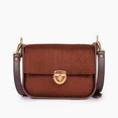 Dark brown suede saddle bag with twist lock