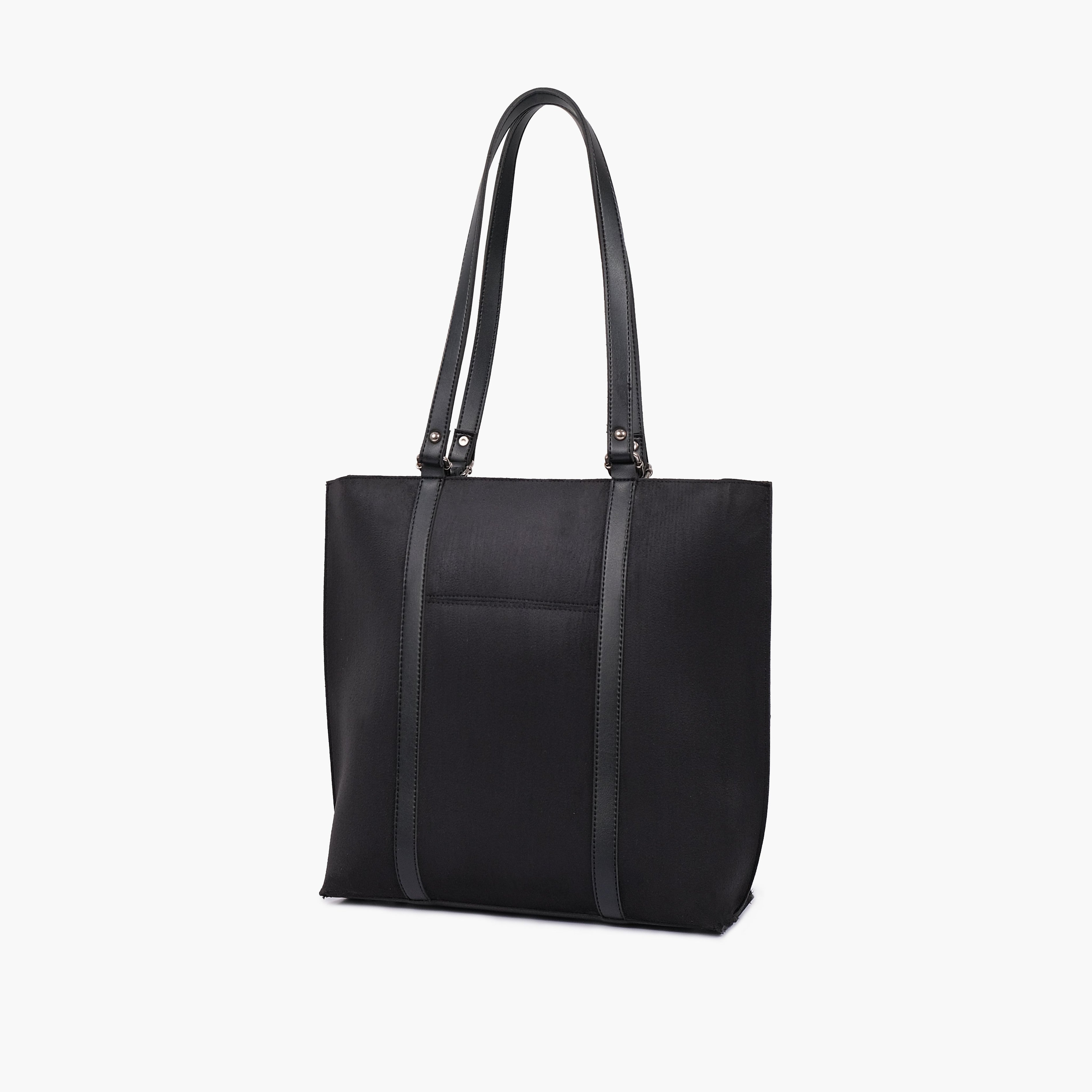Black suede double-handle tote bag