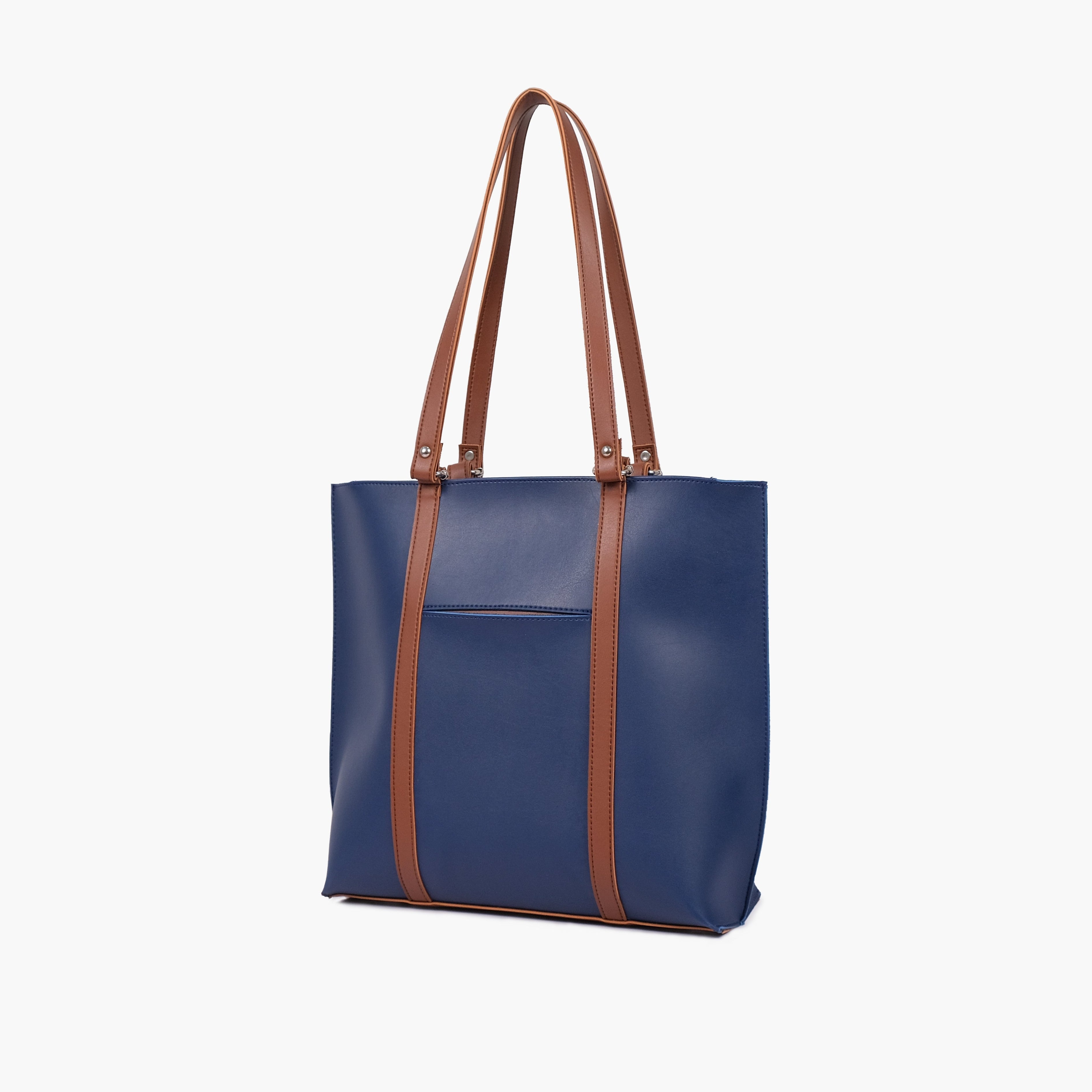Blue and brown double-handle tote bag