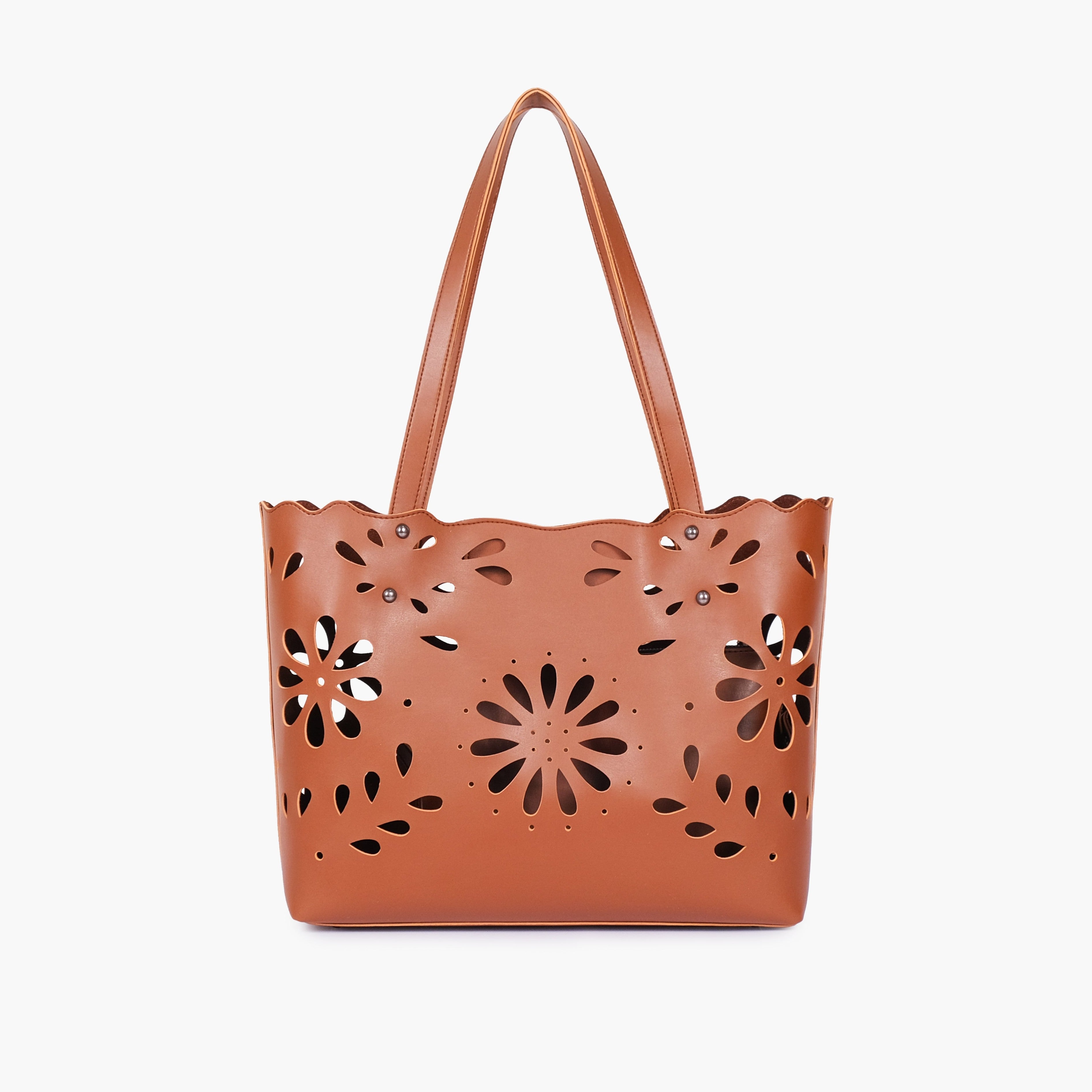 Brown two-piece floral tote