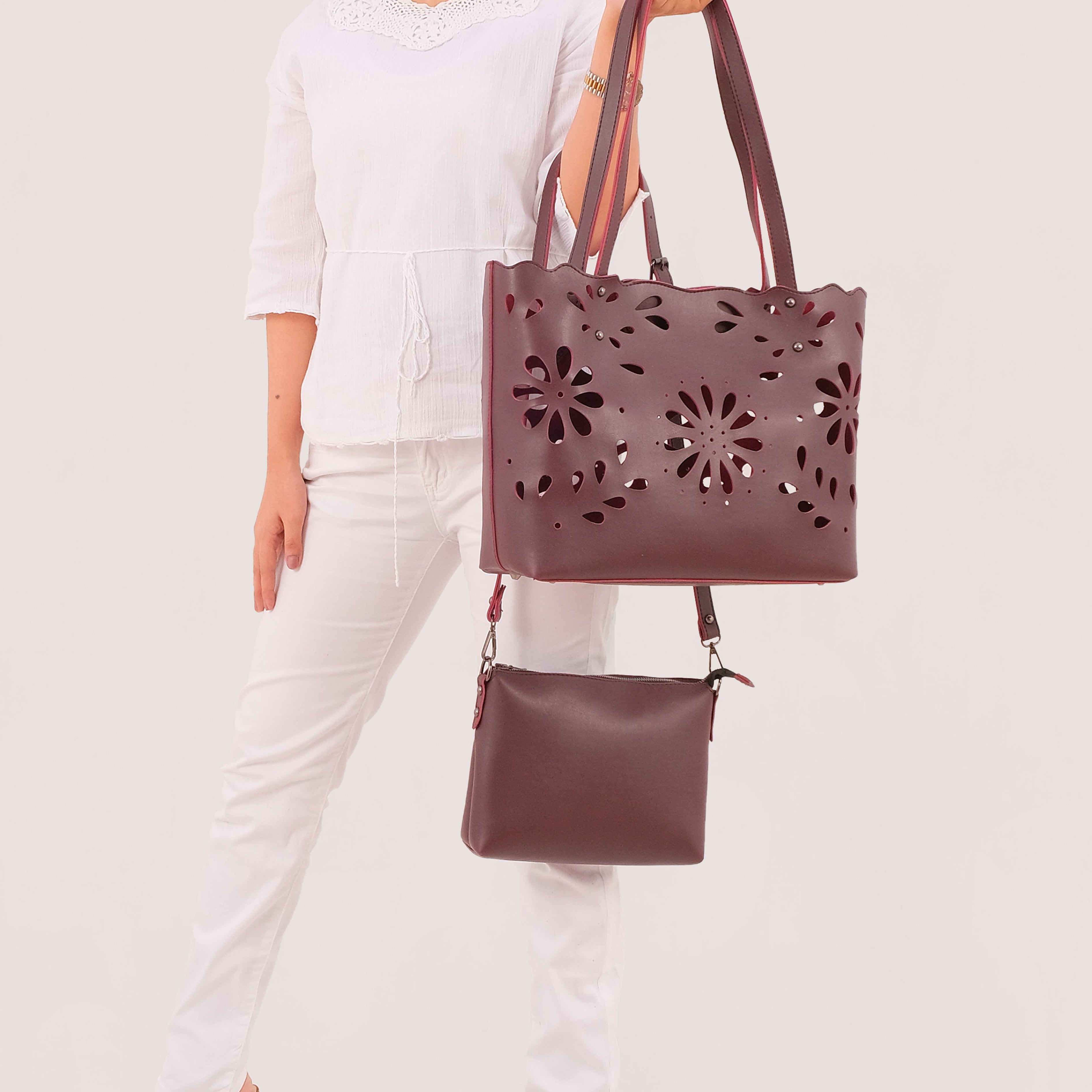 Burgundy two-piece floral tote