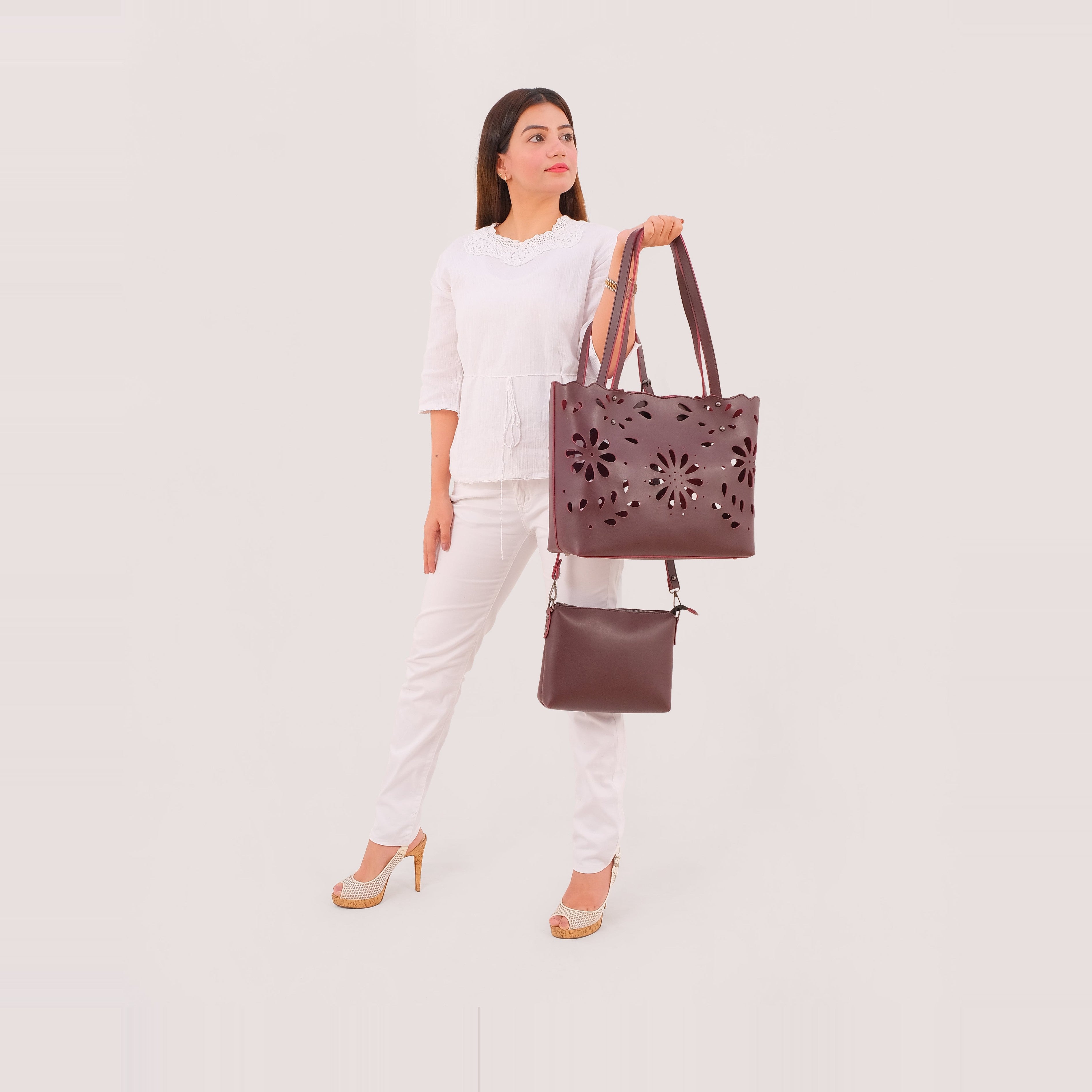 Burgundy two-piece floral tote