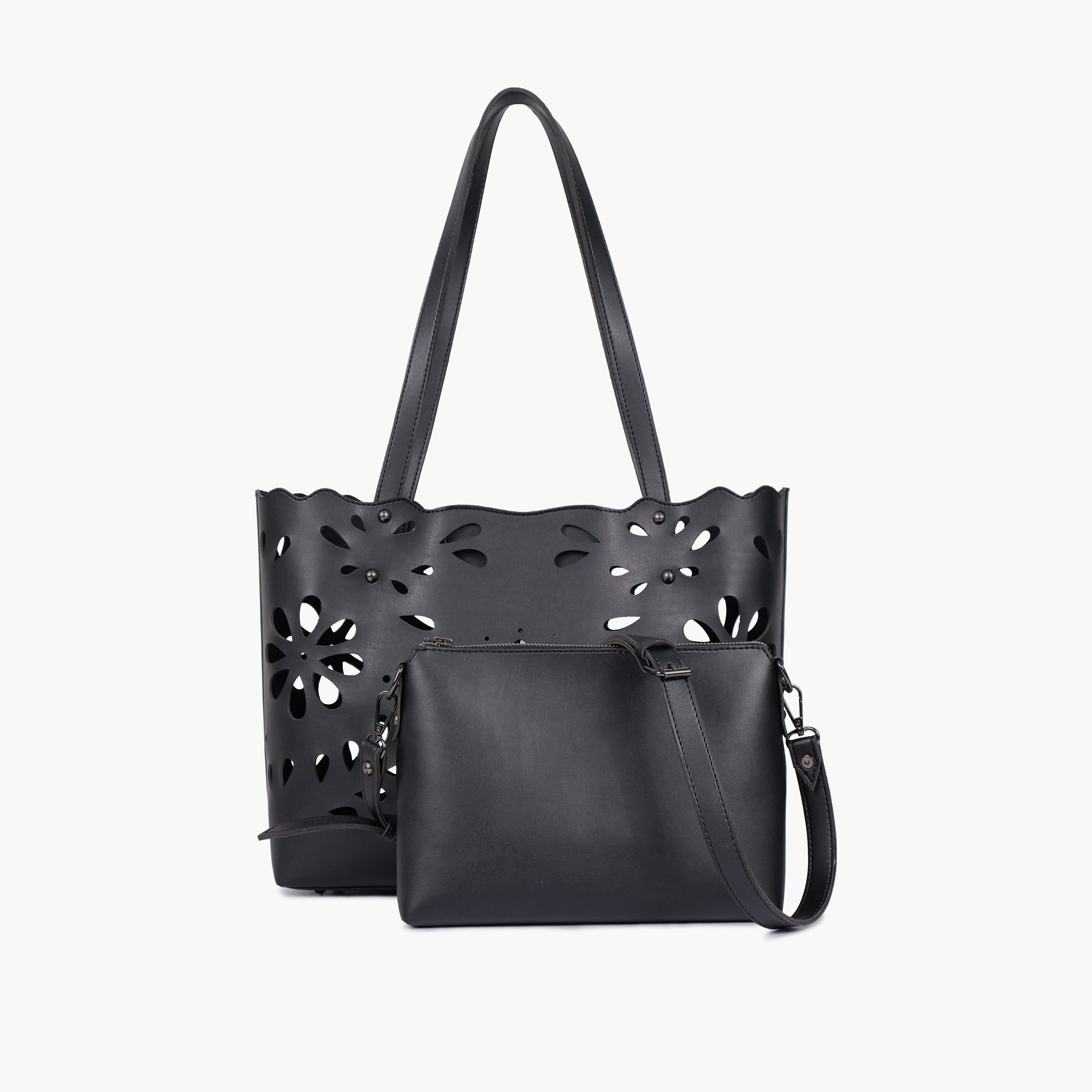 Black two-piece floral tote