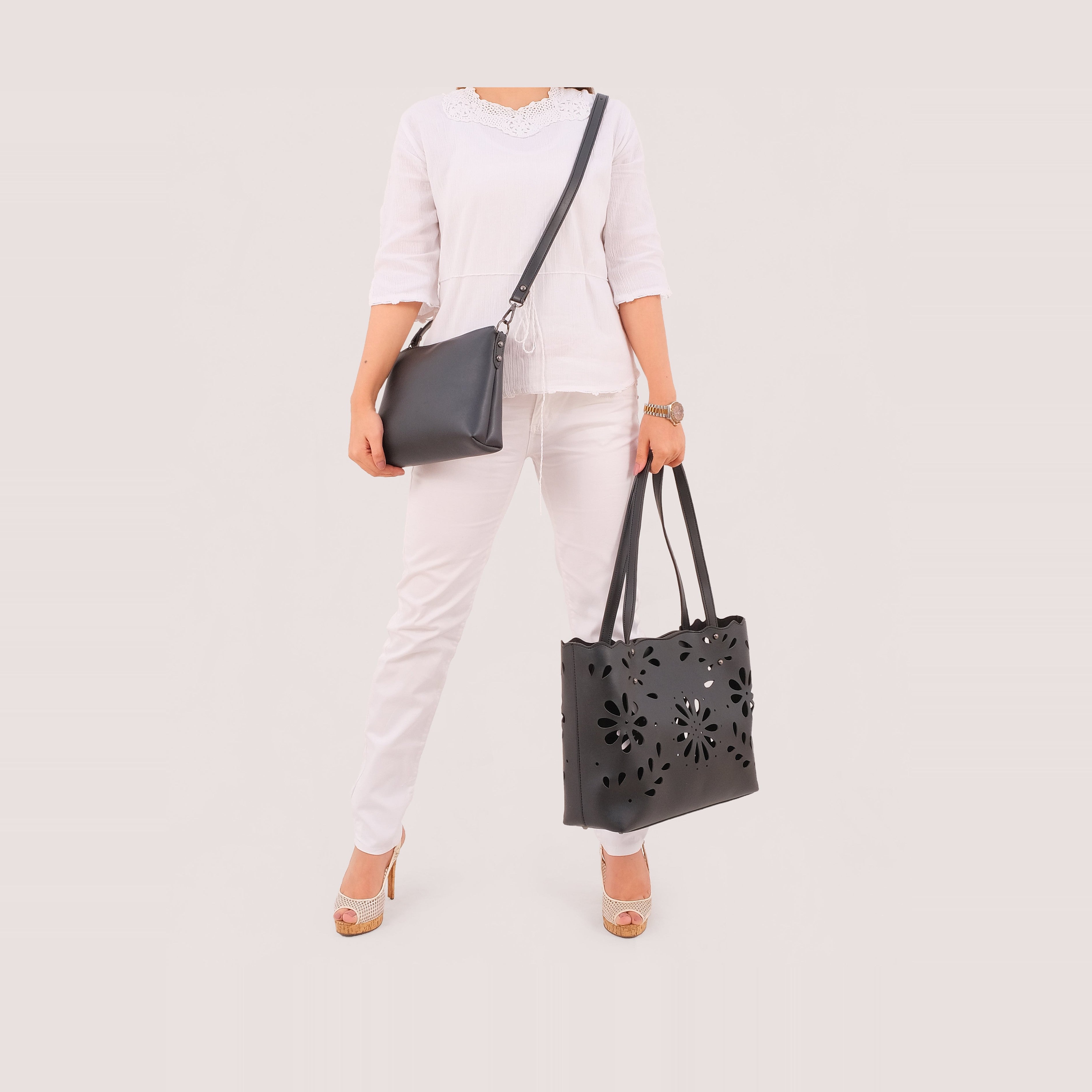 Black two-piece floral tote
