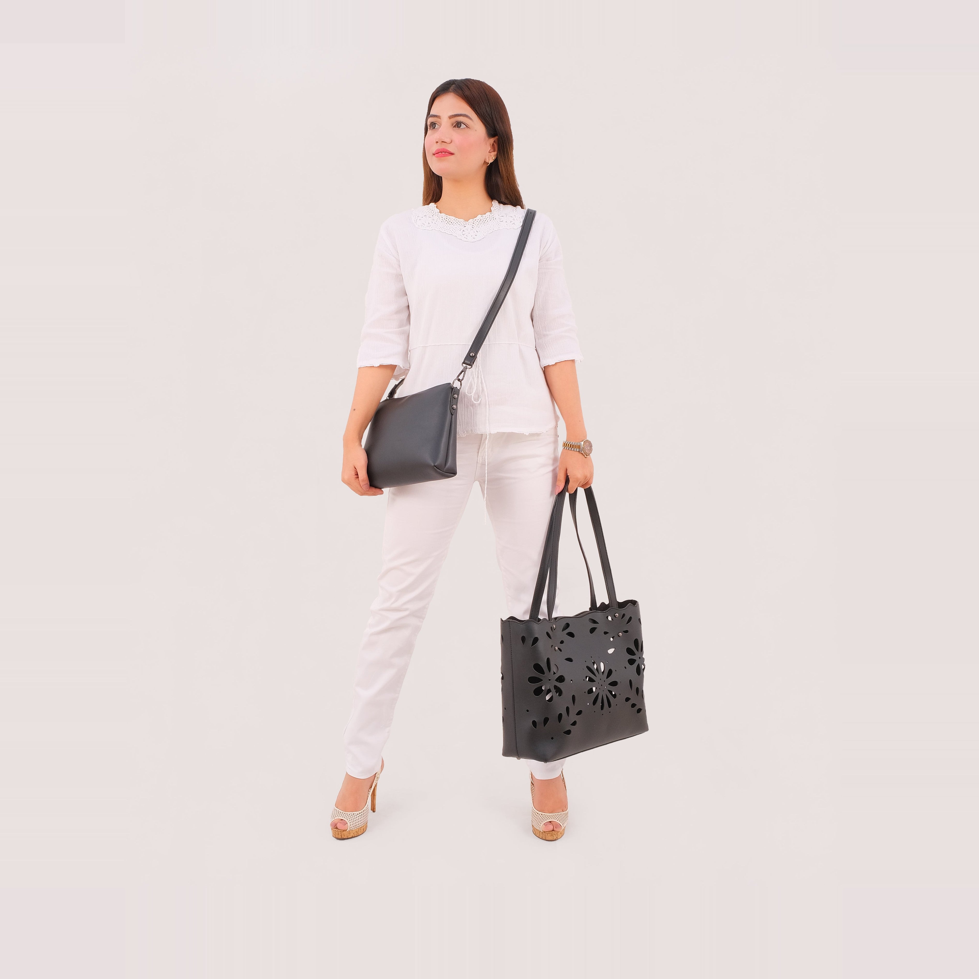 Black two-piece floral tote