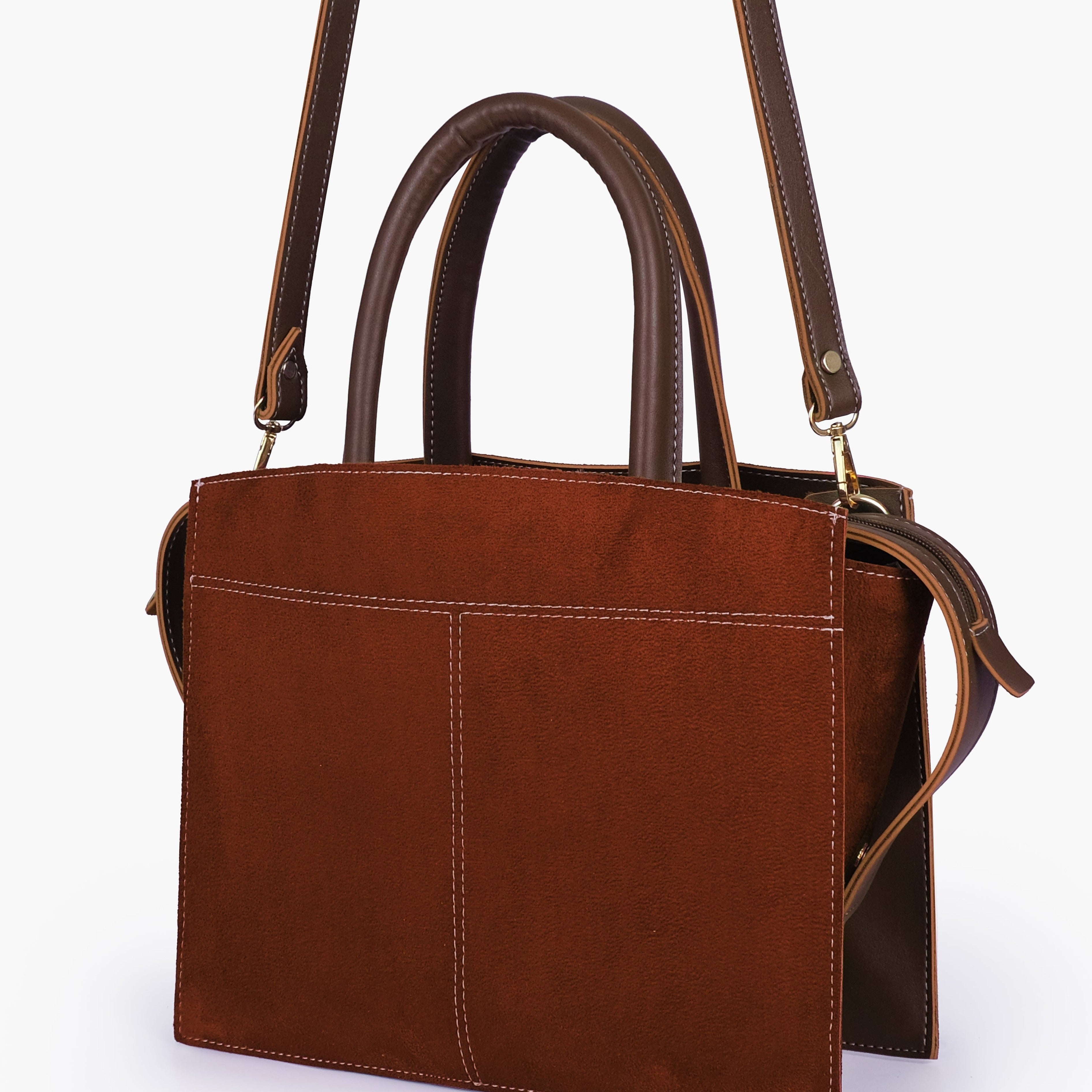 Dark brown suede trapeze top-handle bag