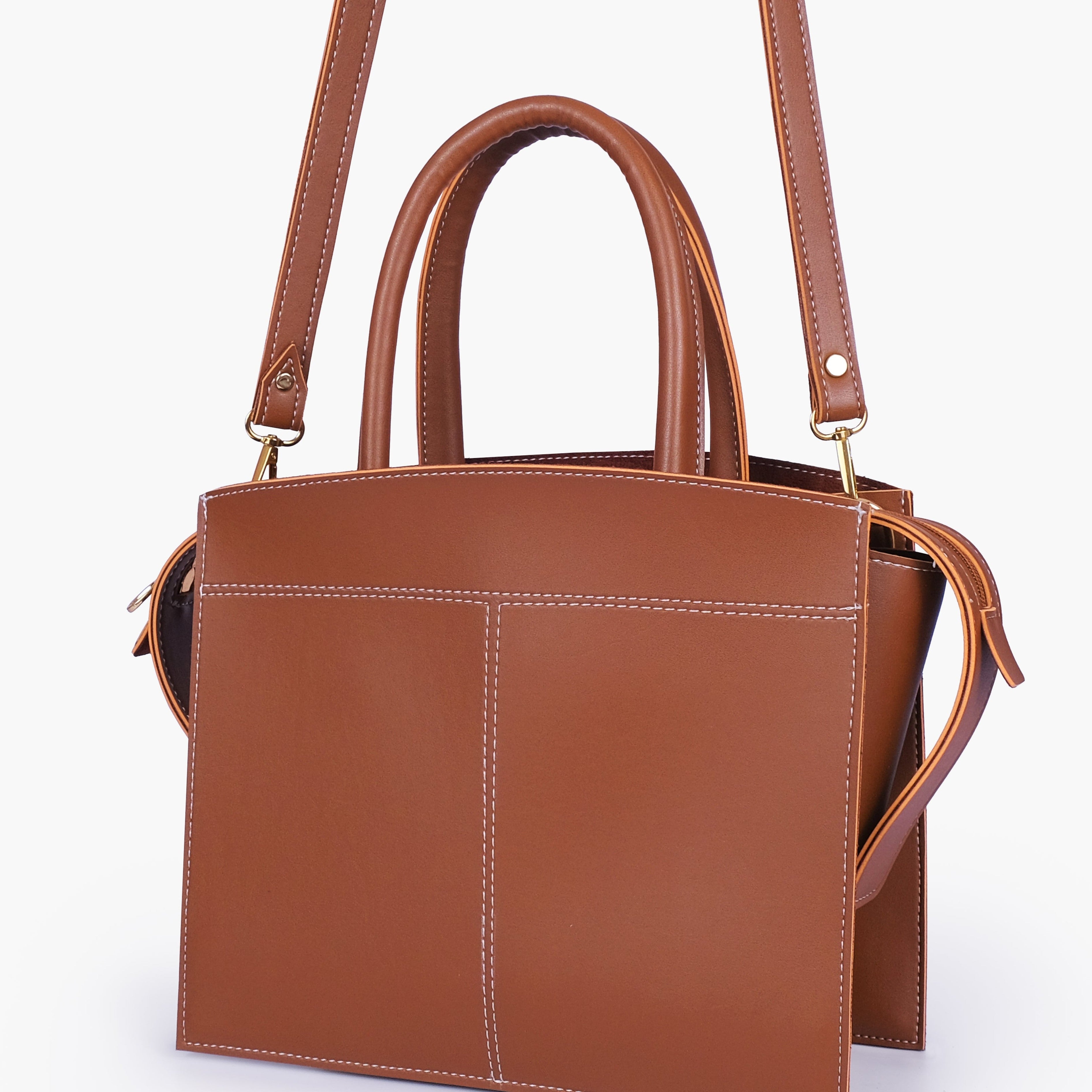 Brown trapeze top-handle bag