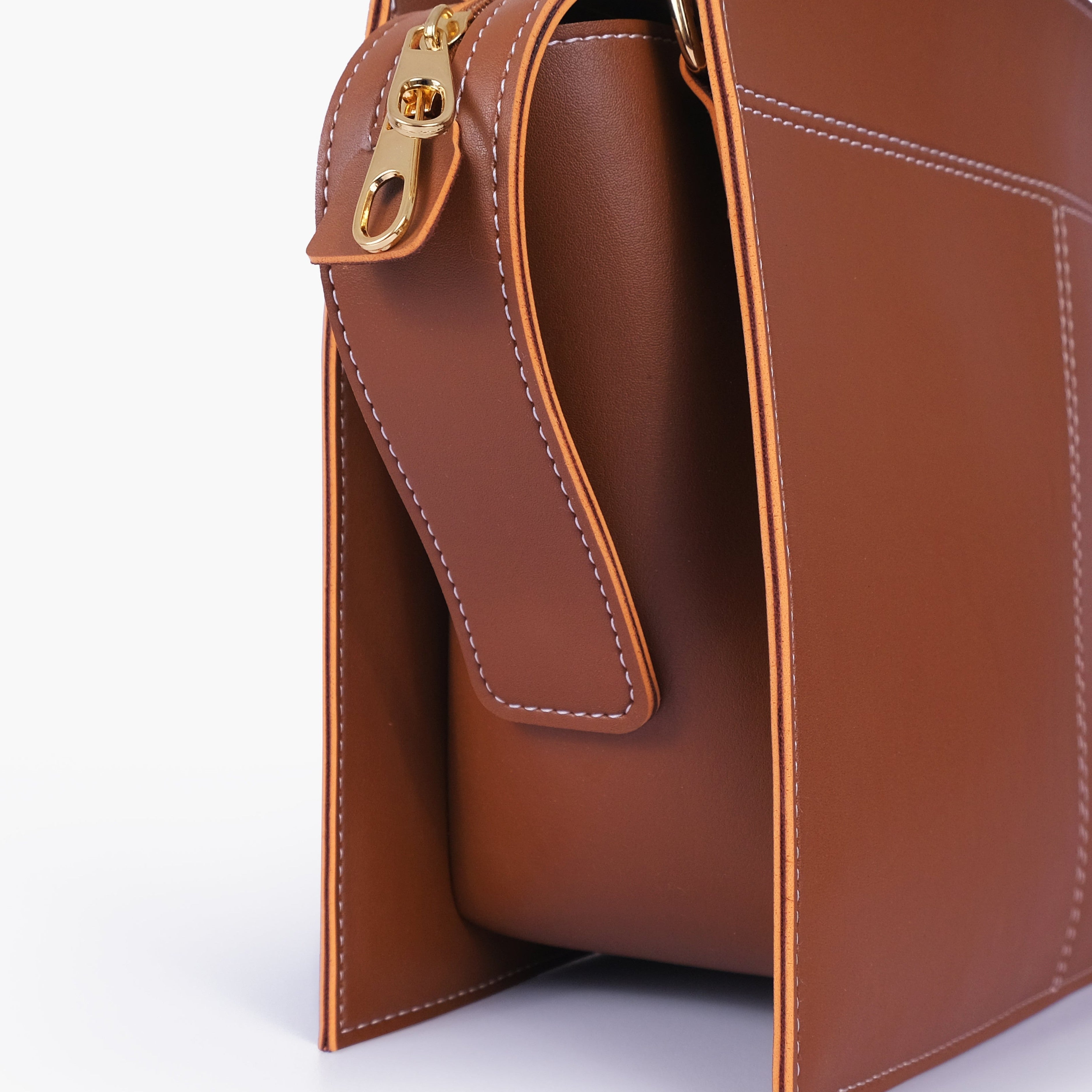 Brown trapeze top-handle bag