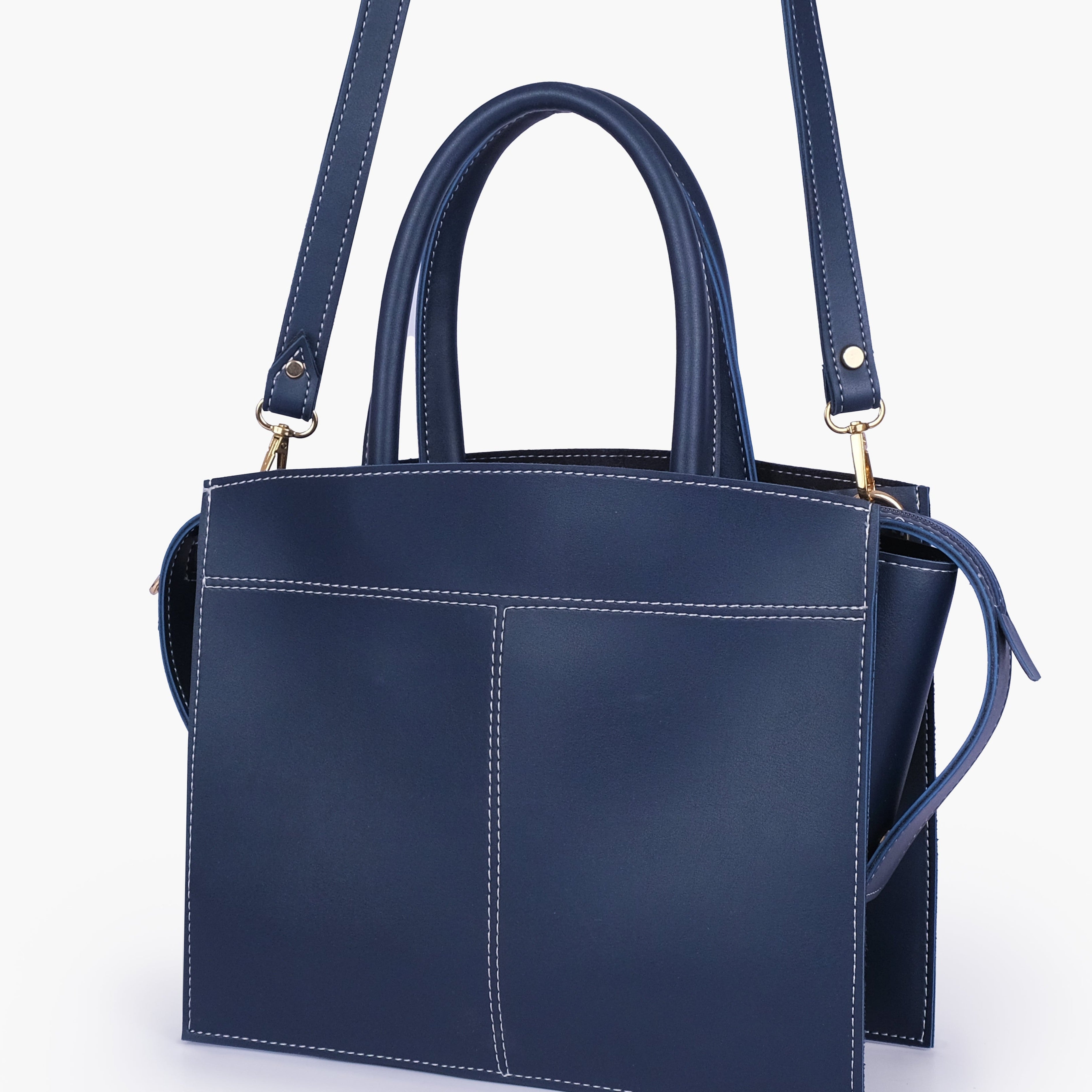 Blue trapeze top-handle bag