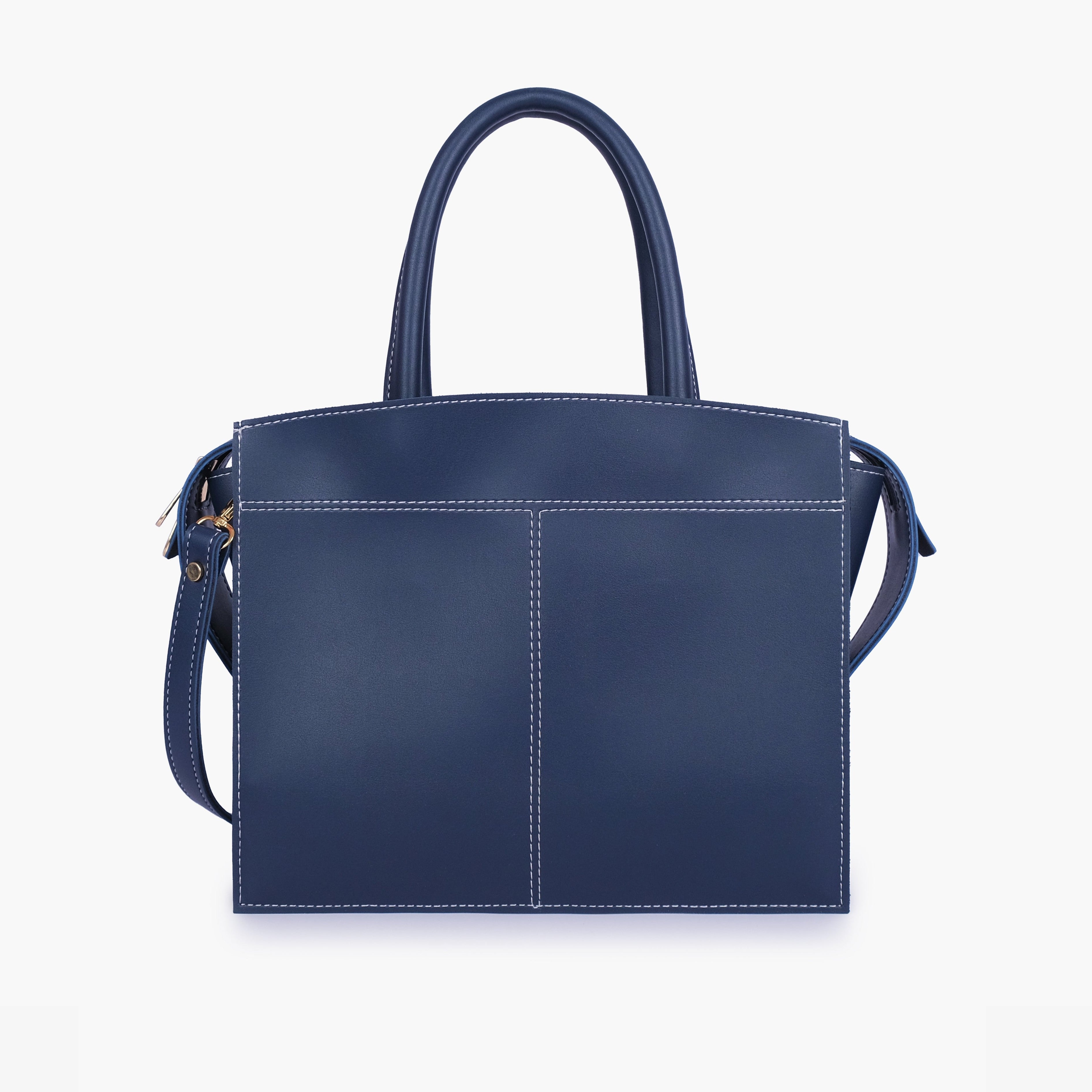 Blue trapeze top-handle bag