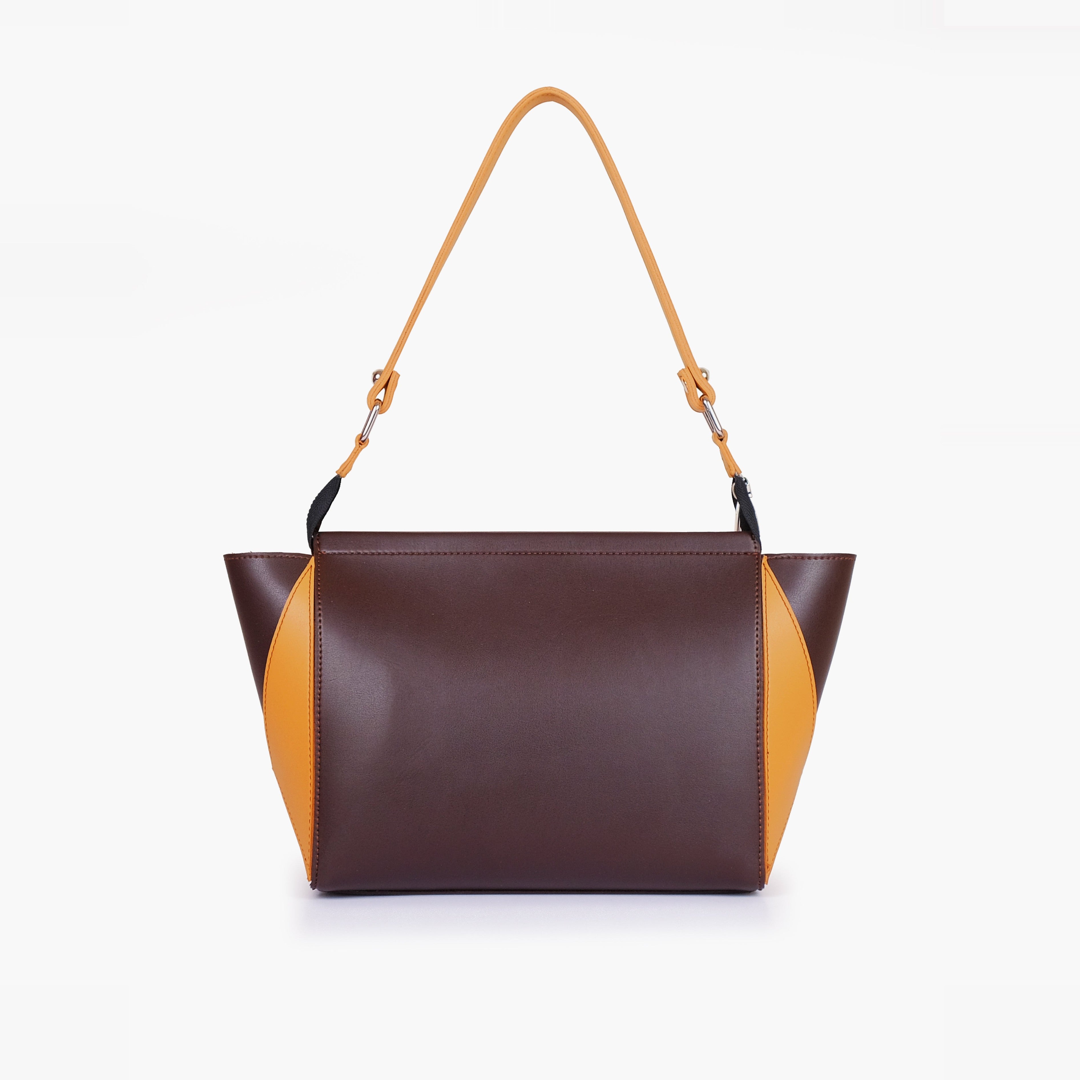 Dark brown and mustard trio twist handbag