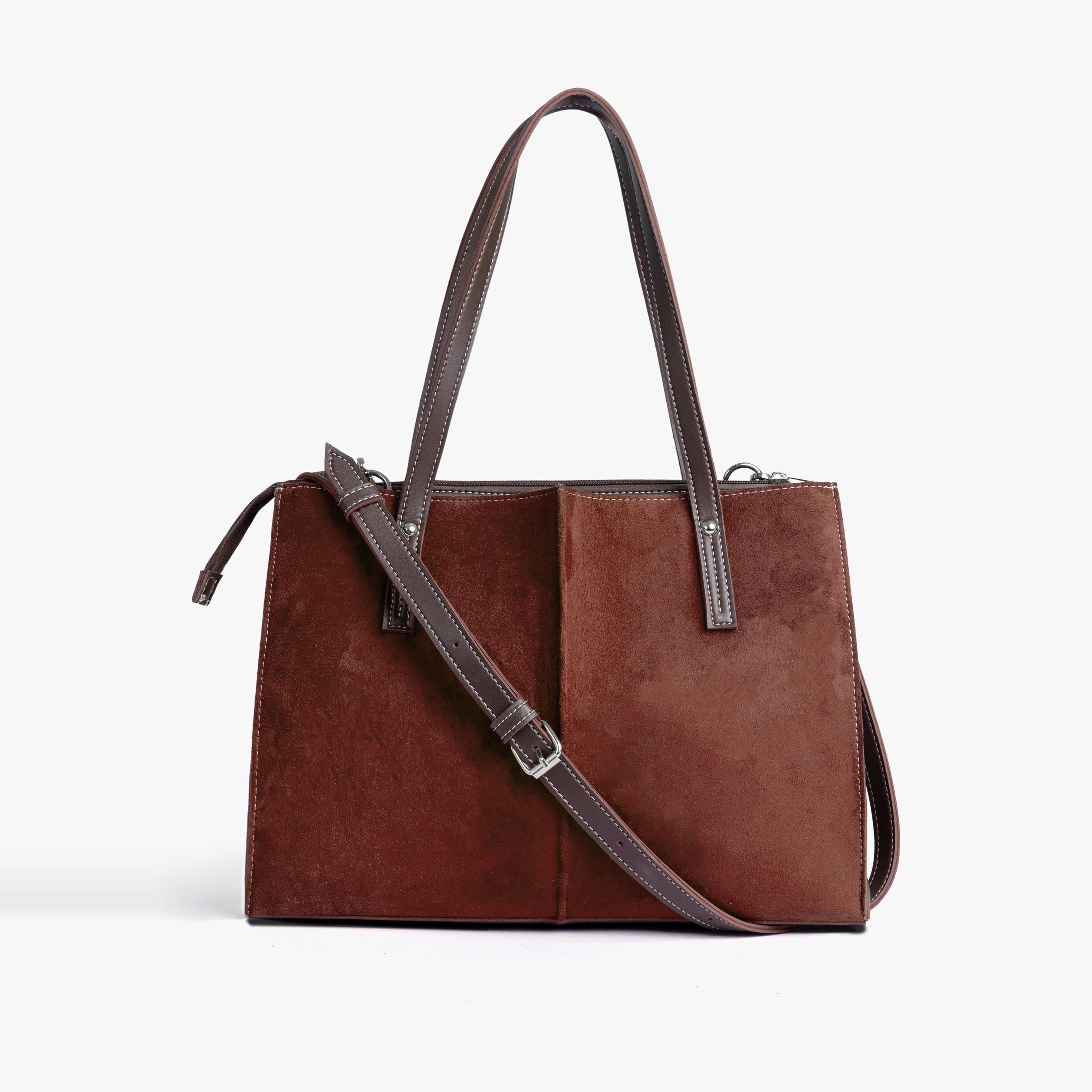 Dark brown suede work tote bag