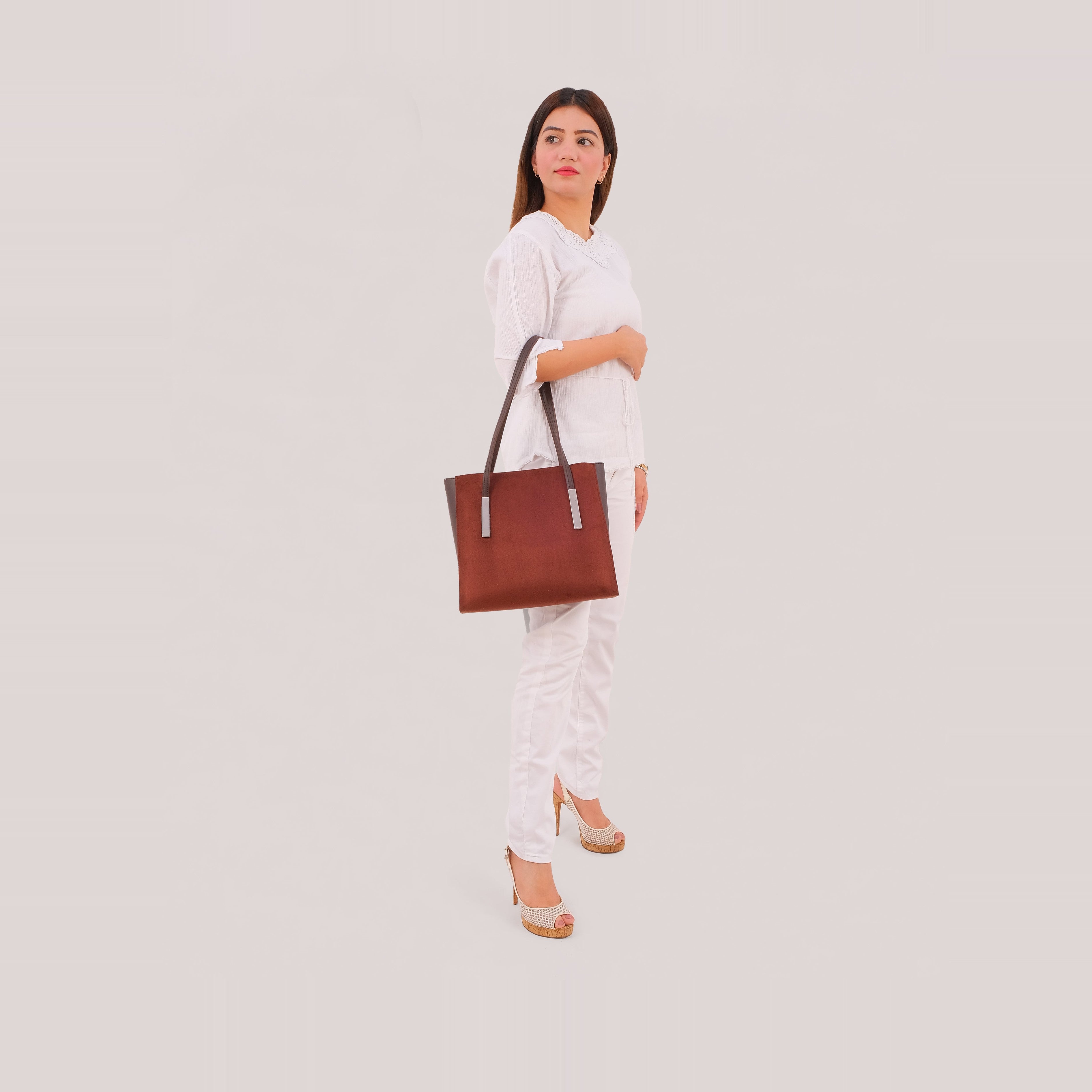 Dark brown suede zipper shoulder bag with long handle