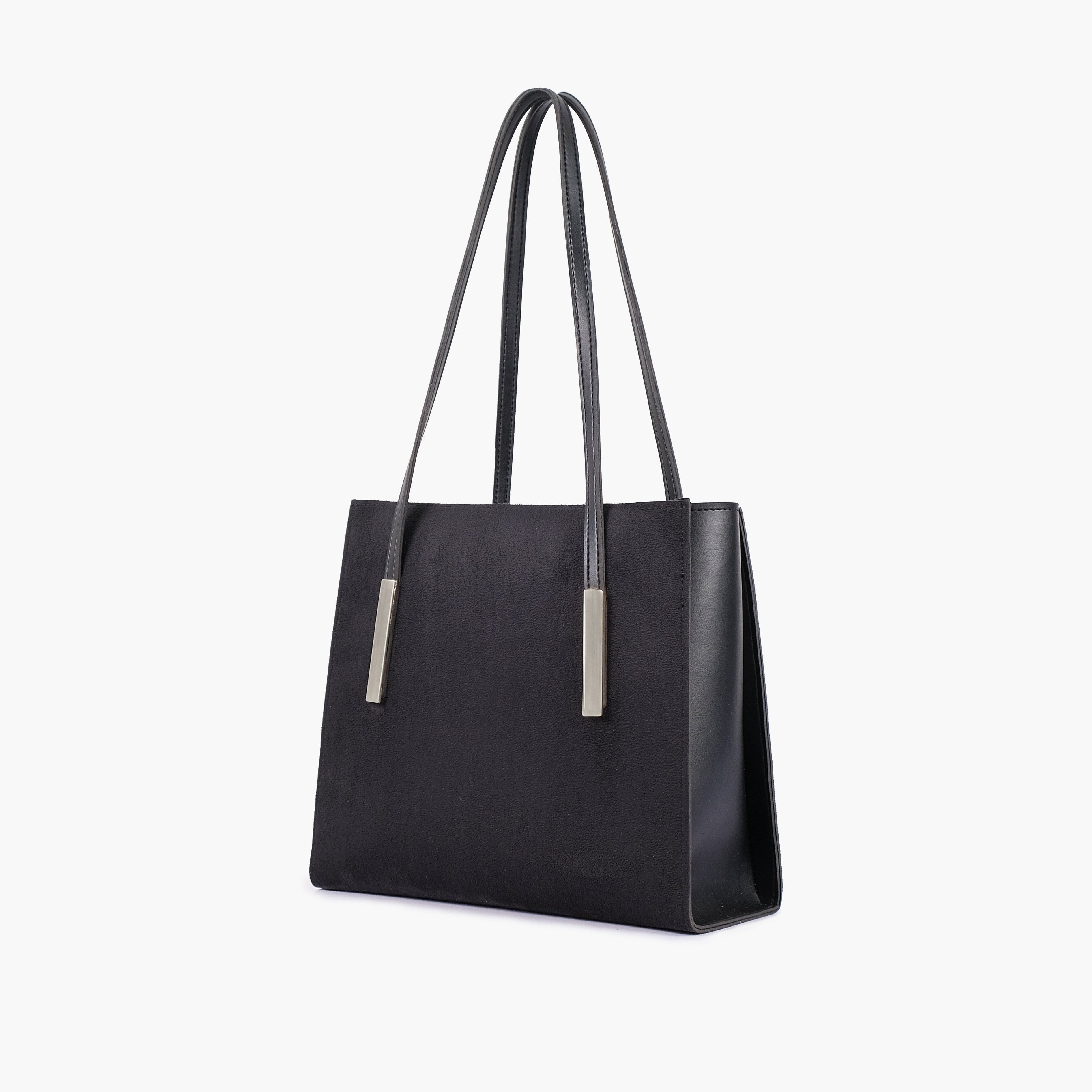 Black suede zipper shoulder bag with long handle