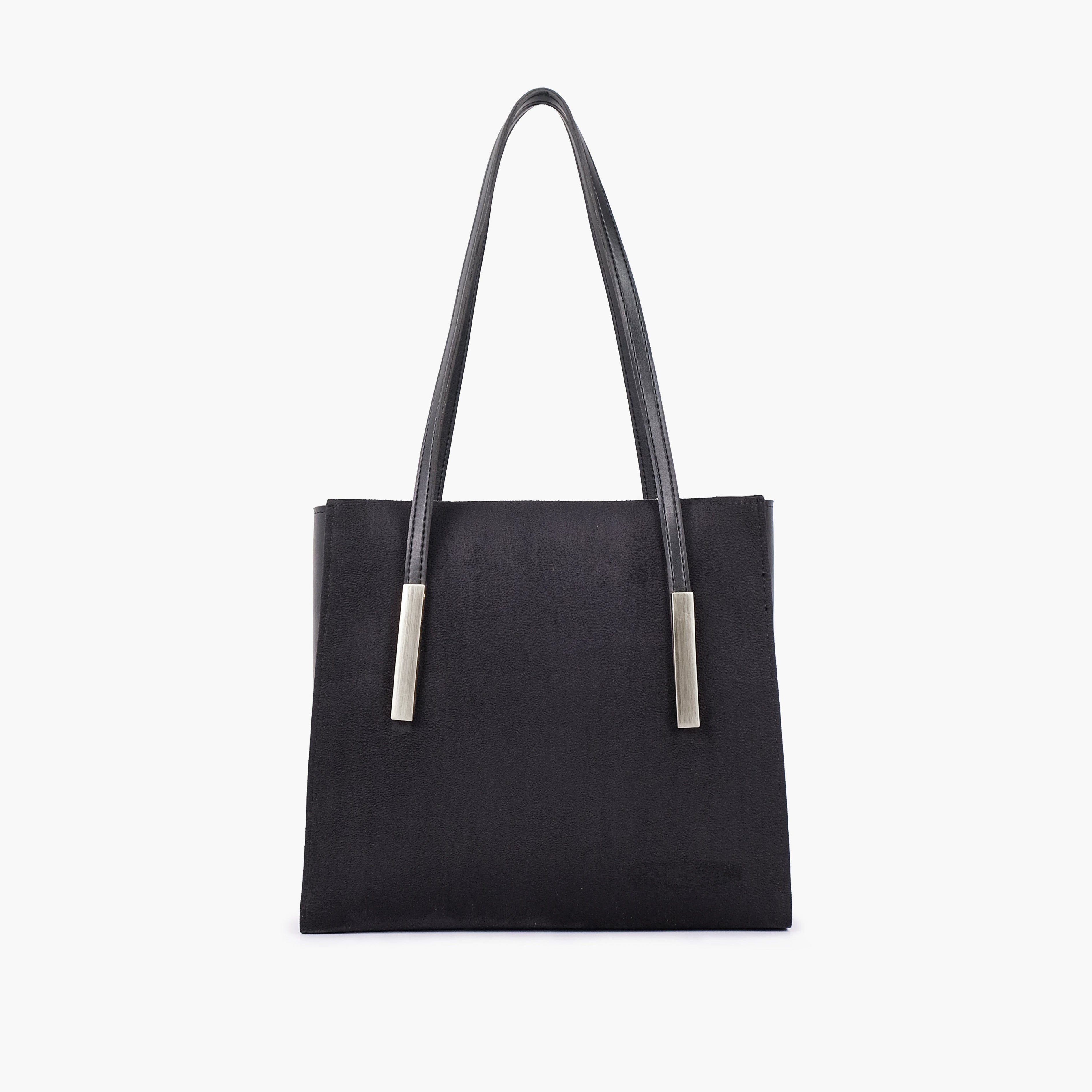Black suede zipper shoulder bag with long handle
