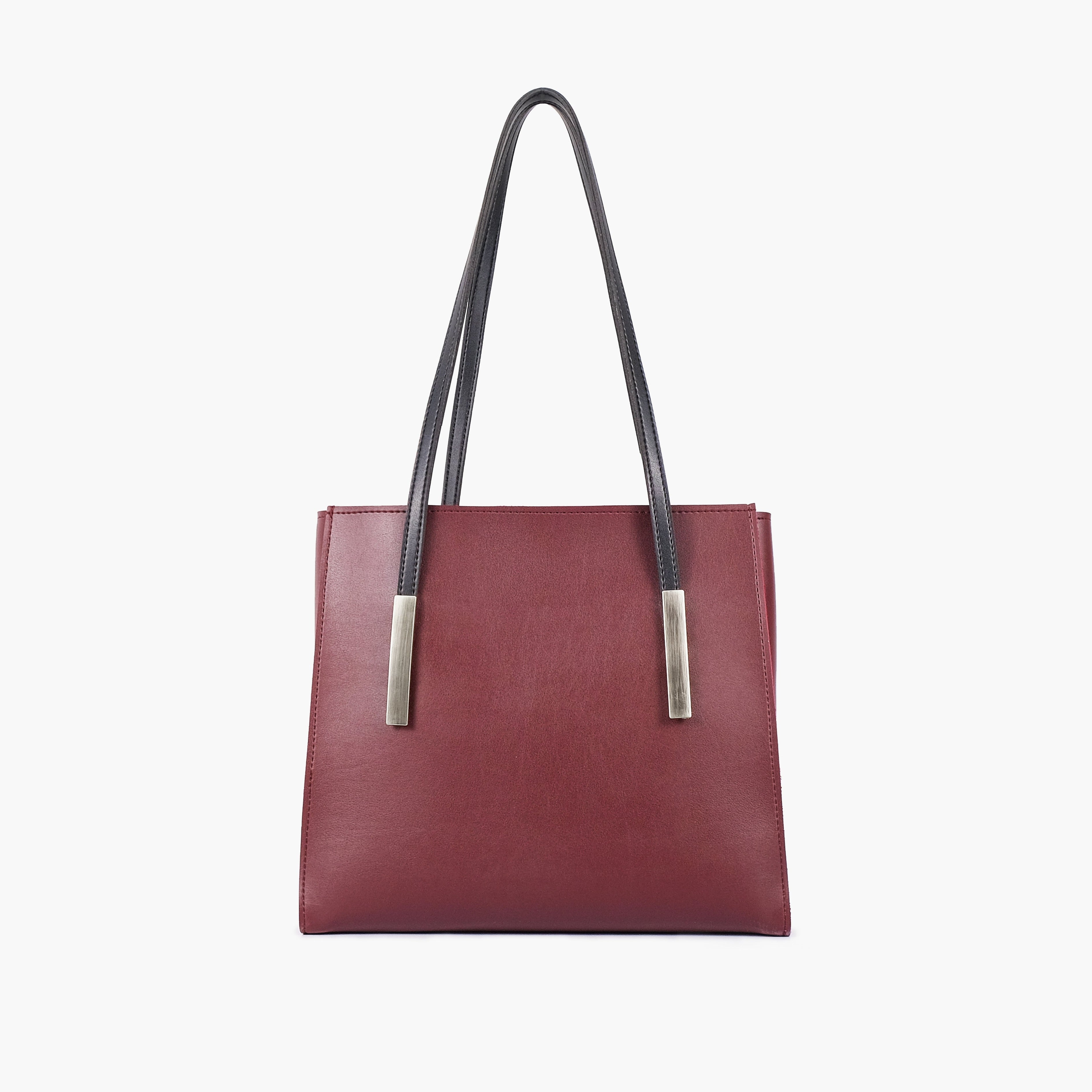 Burgundy and black zipper shoulder bag with long handle