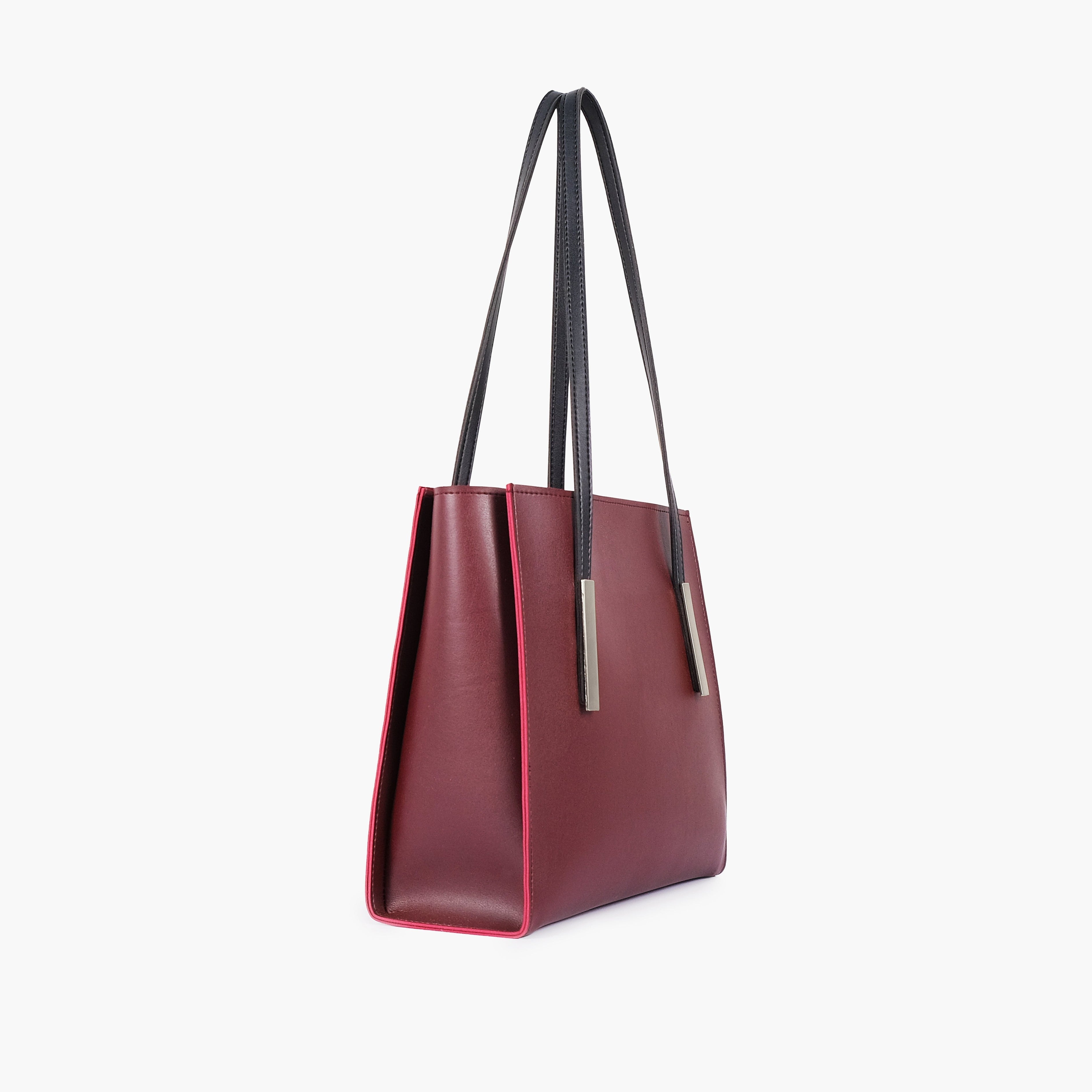 Burgundy and black zipper shoulder bag with long handle