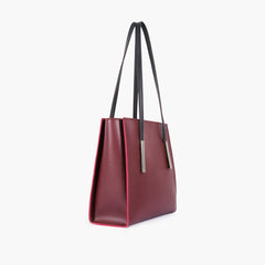 Burgundy and black zipper shoulder bag with long handle