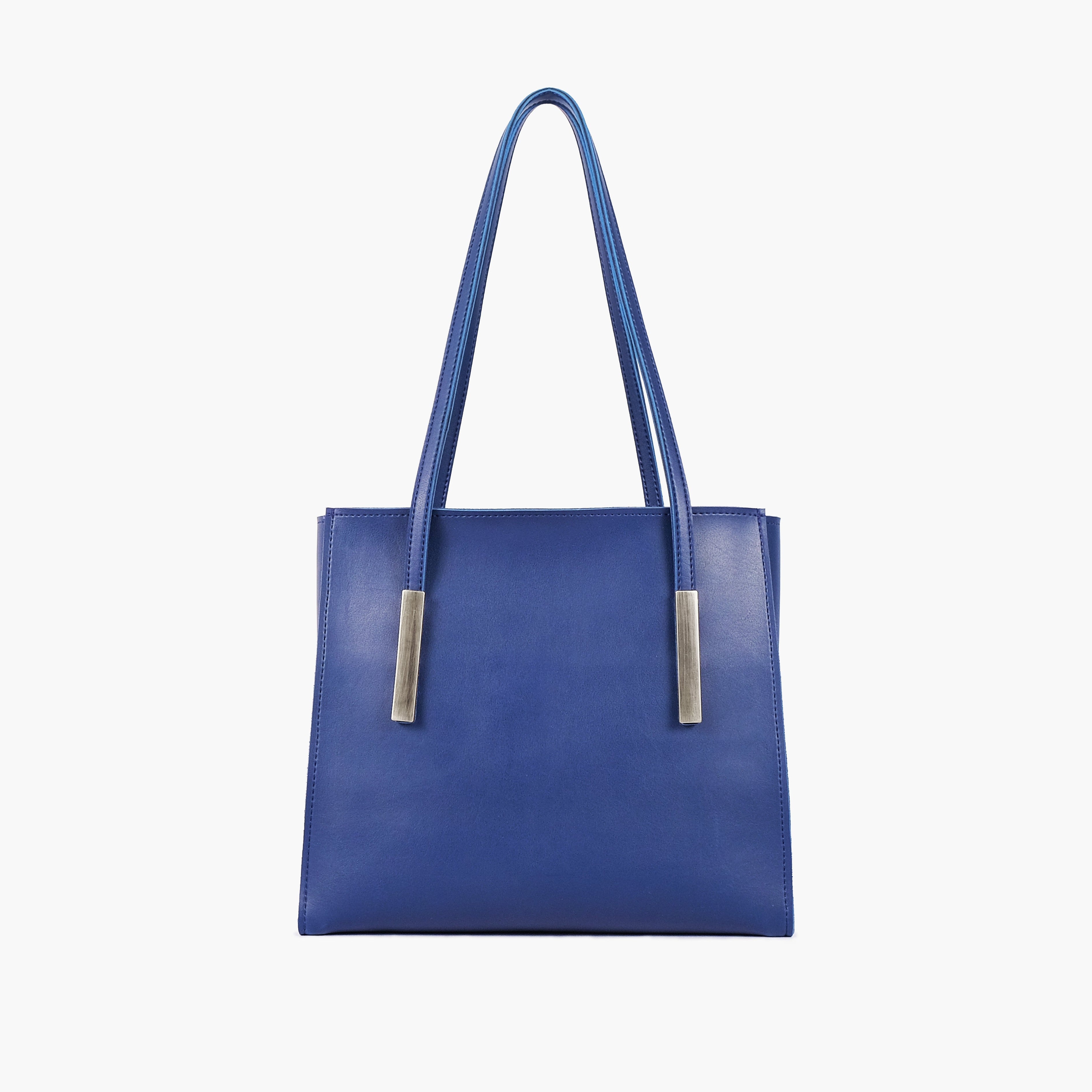 Blue zipper shoulder bag with long handle