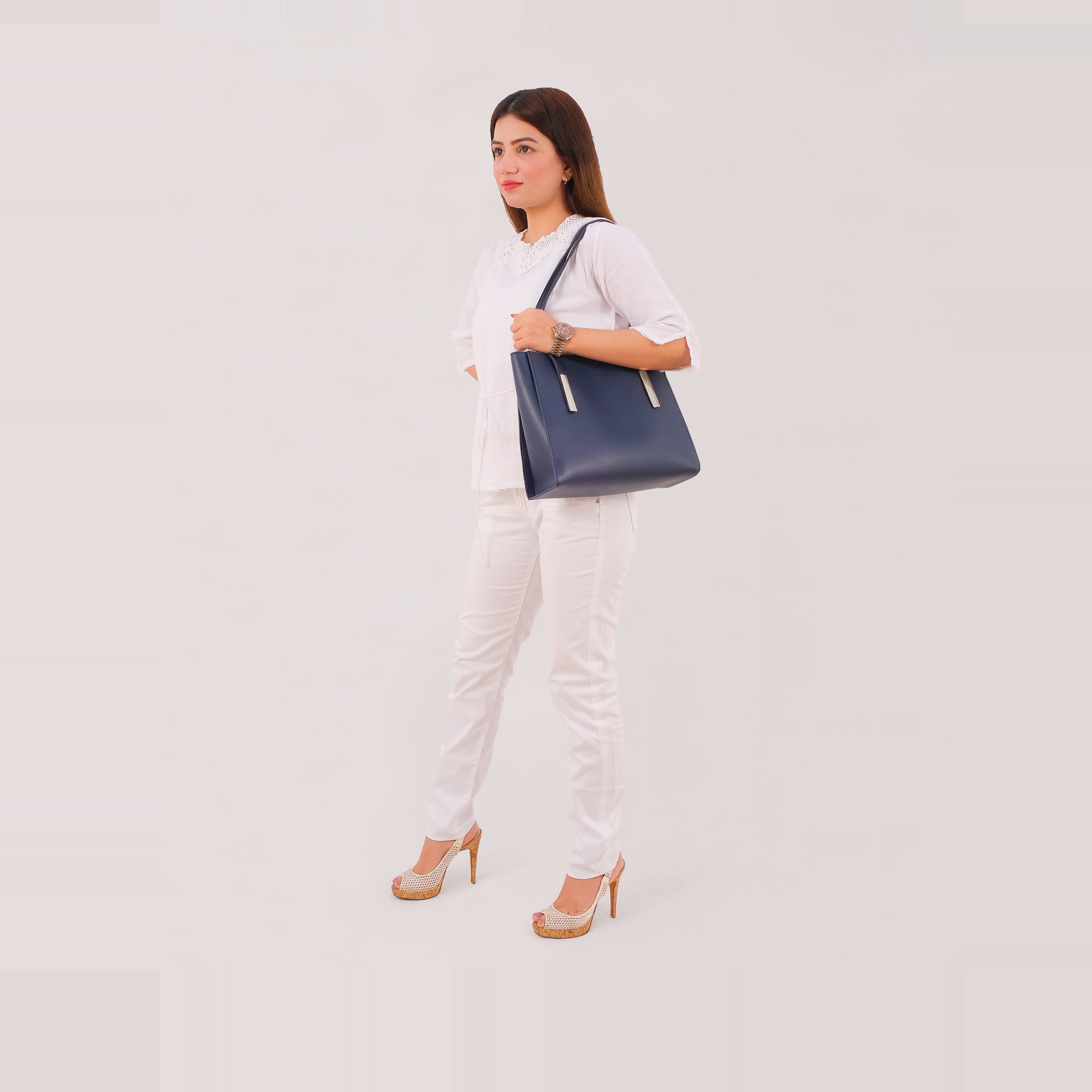 Blue zipper shoulder bag with long handle