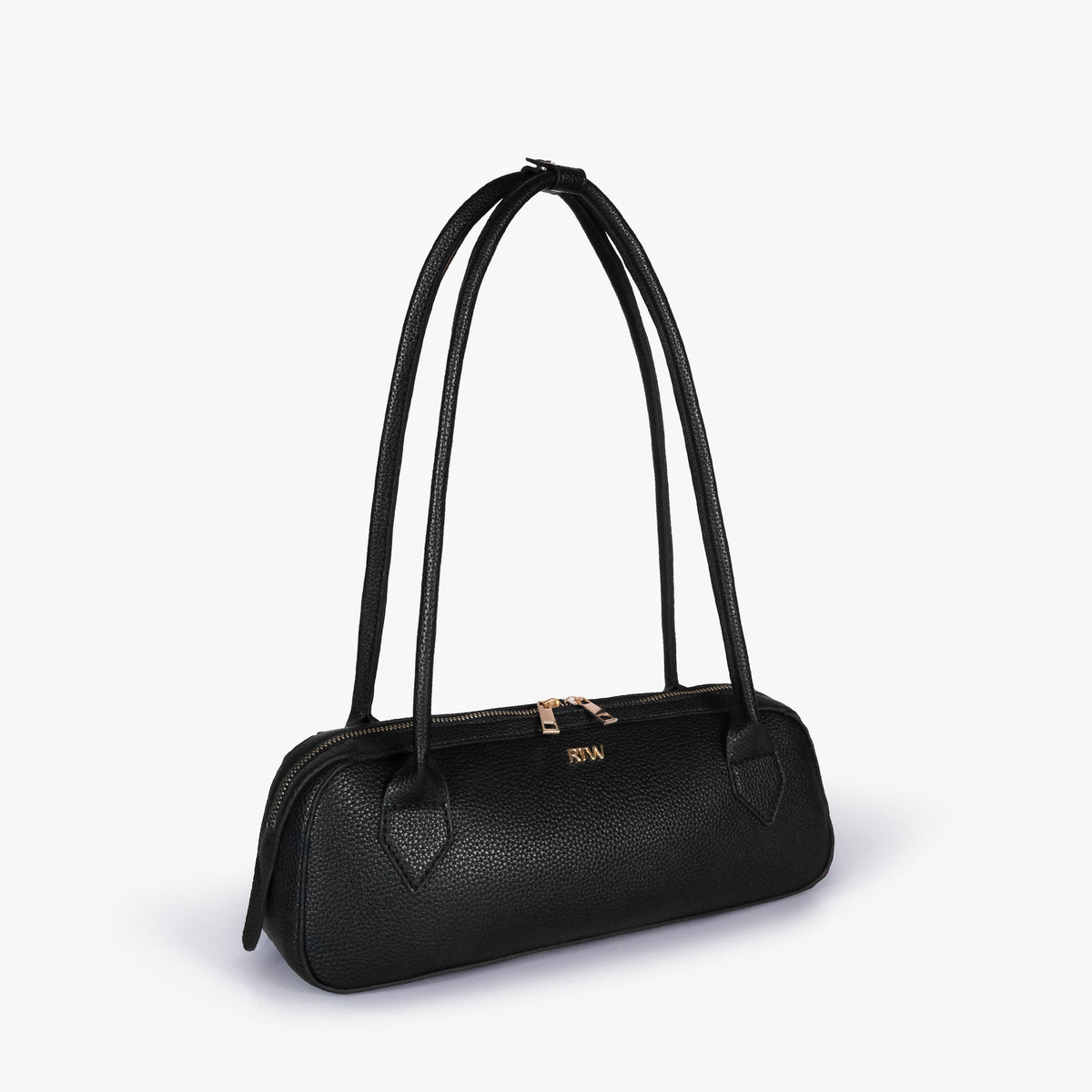 Black east-west baguette bag in three-quarter view