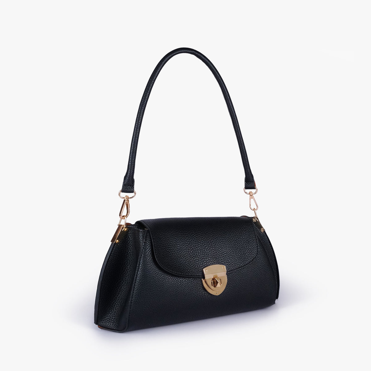 Black pebble baguette bag in three-quarter view
