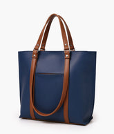 Blue and brown double-handle tote bag