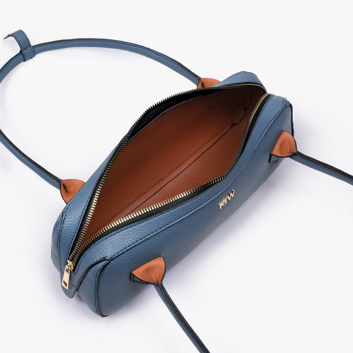 Interior of blue east-west baguette bag