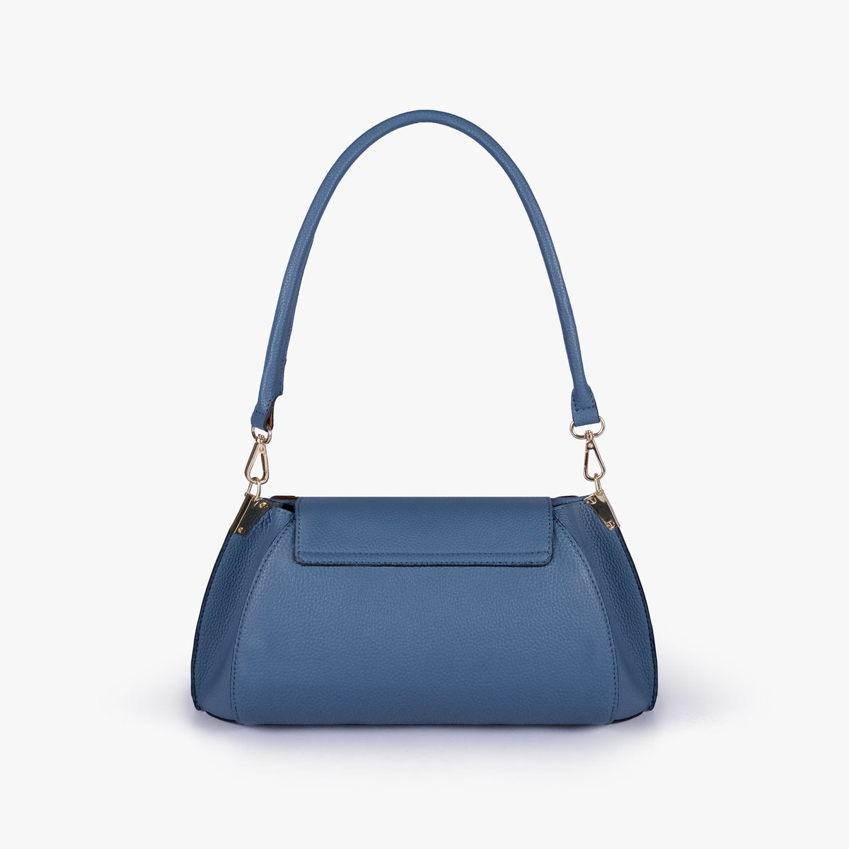 Back view of Blue pebble baguette bag with exterior slip pocket