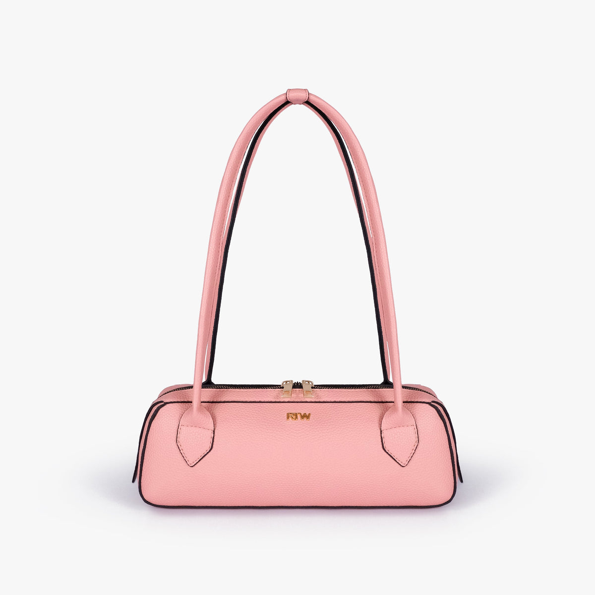 Front view of blush pink east-west baguette bag